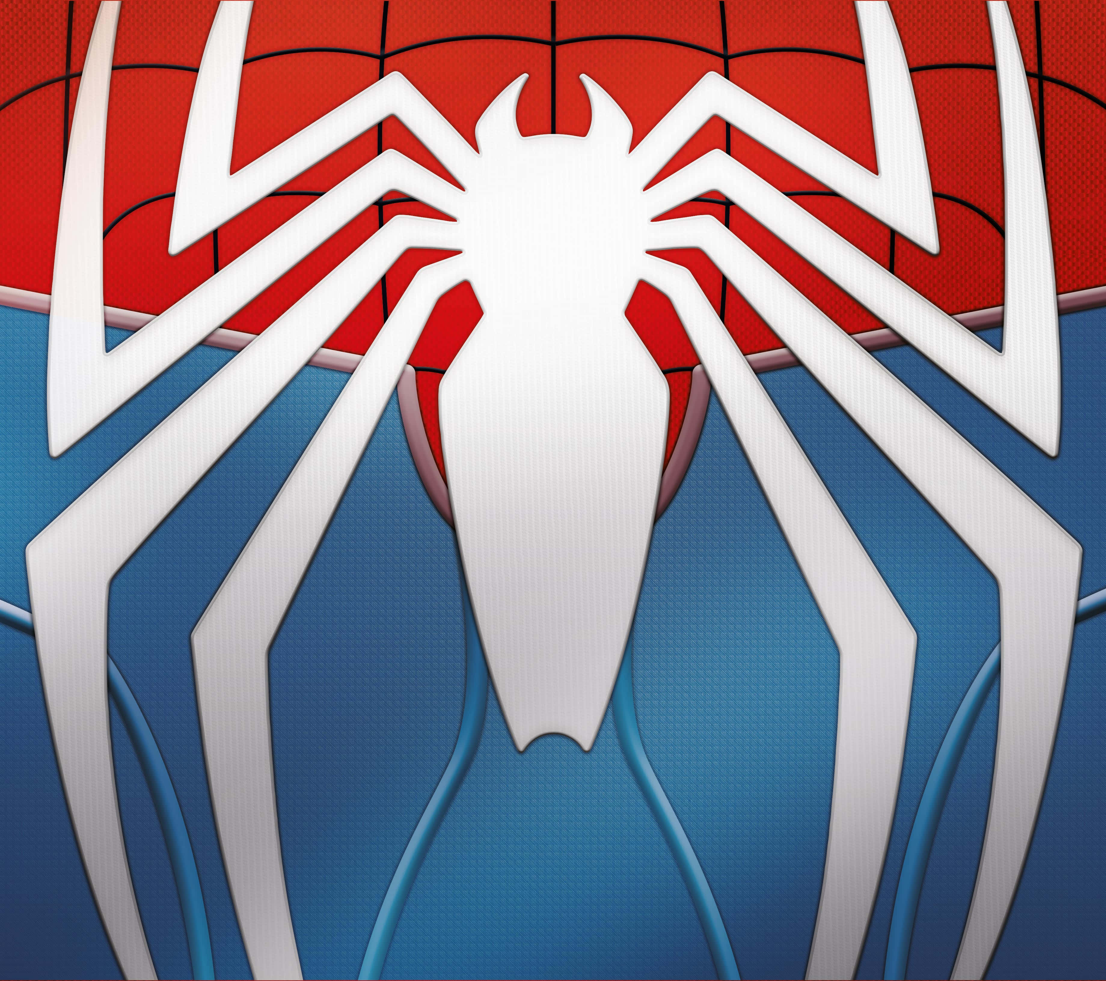 Spider Man Ps4 Logo 桌布 壁紙 — 一個大膽的白色蜘蛛標誌，位於紅藍色服裝中央，背景為蜘蛛網圖案。