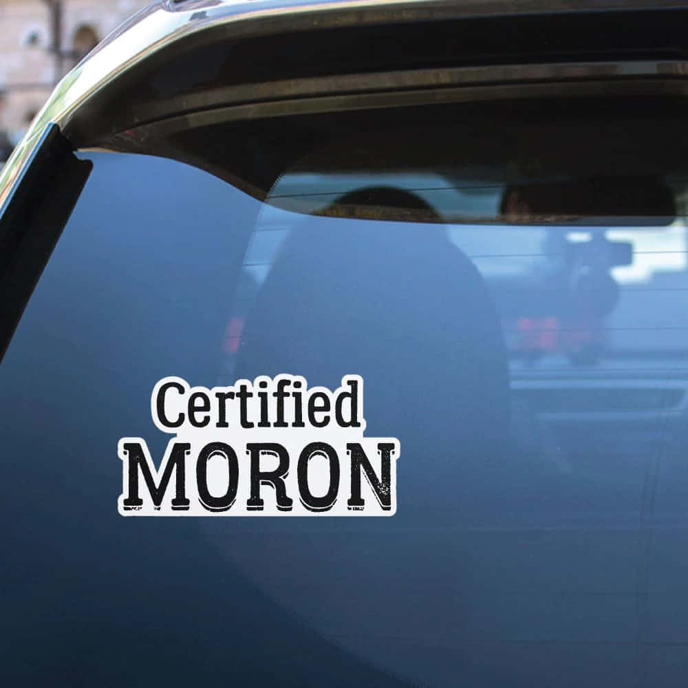 Certified 桌布 壁紙 — 一個大膽的白色貼紙，上面寫著「Certified MORON」，貼在一輛深藍色汽車的染色後窗上。