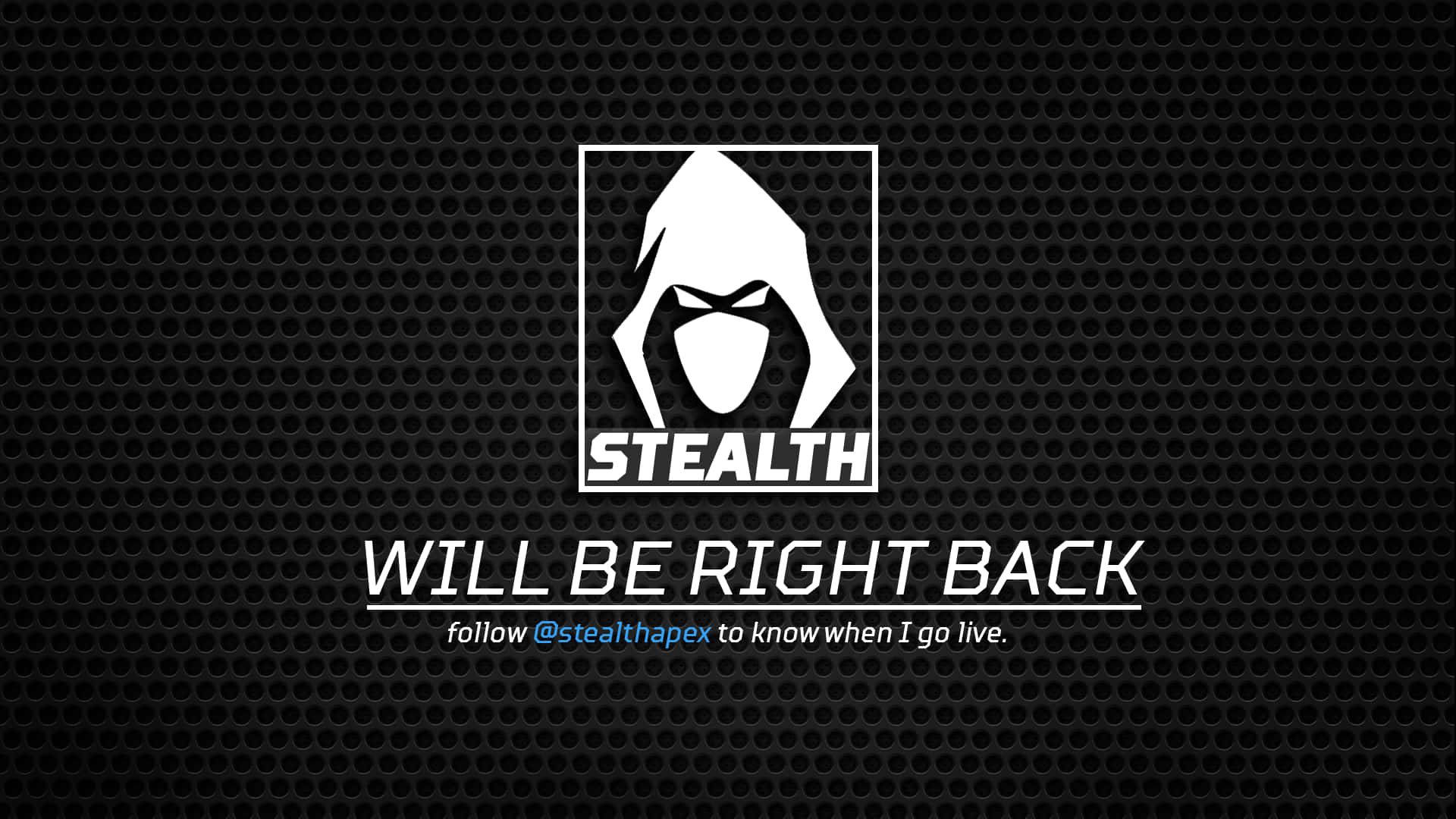 Be Right Back 桌布 壁紙 — 一個大膽的白色連帽標誌，上面有單詞 STEALTH 和文字 WILL BE RIGHT BACK，背景為黑色穿孔。