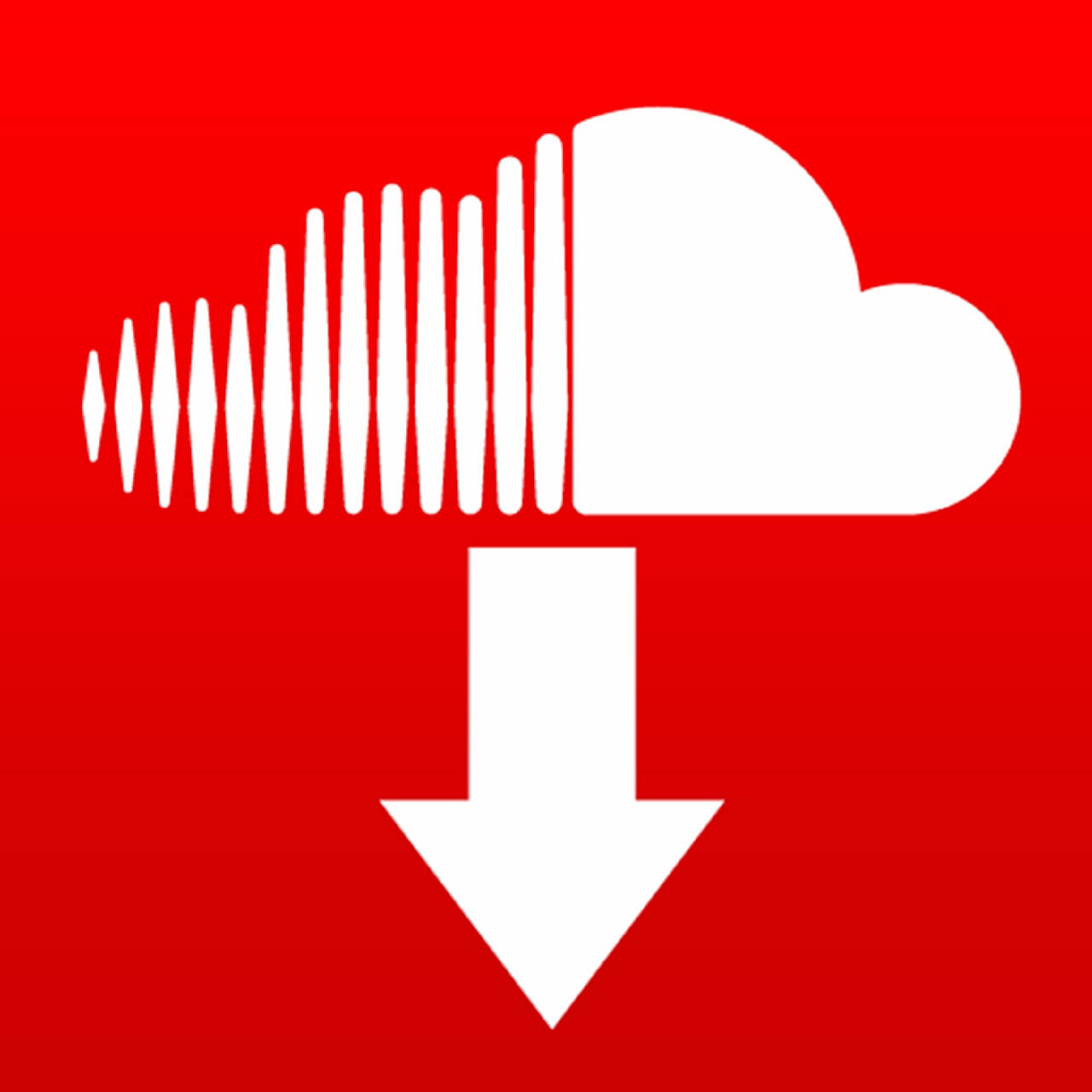 Soundcloud 桌布 壁紙 — 一個大膽的白色雲端圖示，帶有聲波和向下箭頭，背景為鮮紅色。