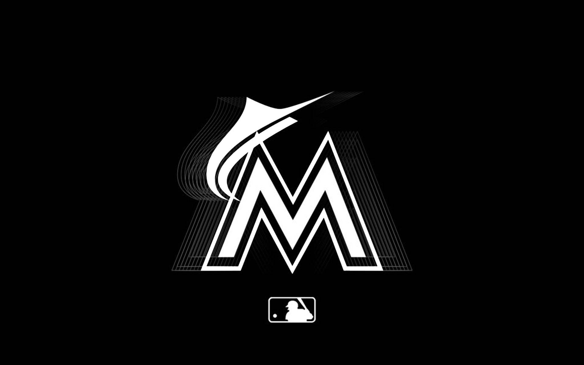 Marlins 桌布 壁紙 — 一個大膽的白色風格化M標誌，帶有動態線條和棒球剪影，置於純黑色背景上。