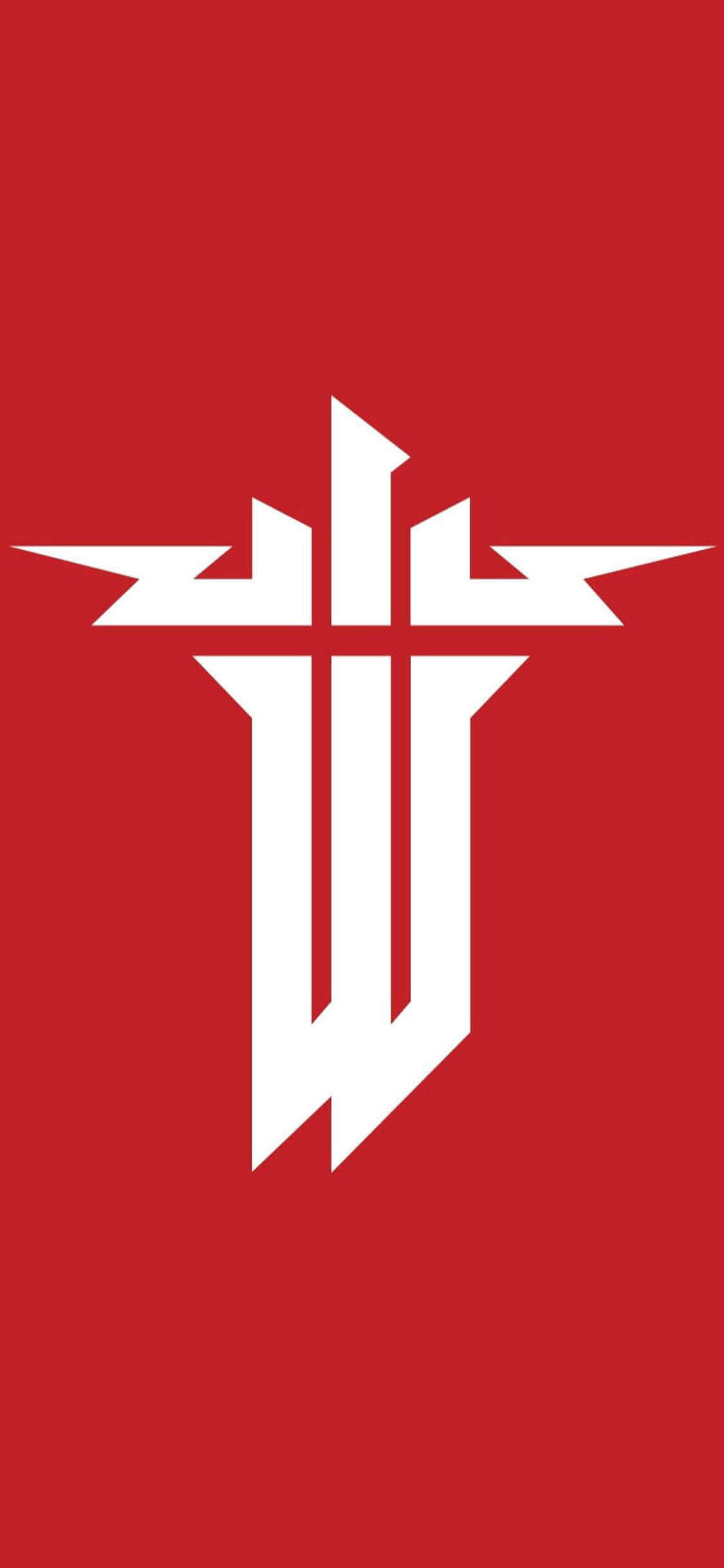 iPhone Xs Wolfenstein Ii 桌布 壁紙 — 一個大膽的白色風格化十字標誌，居中在純紅色背景上。