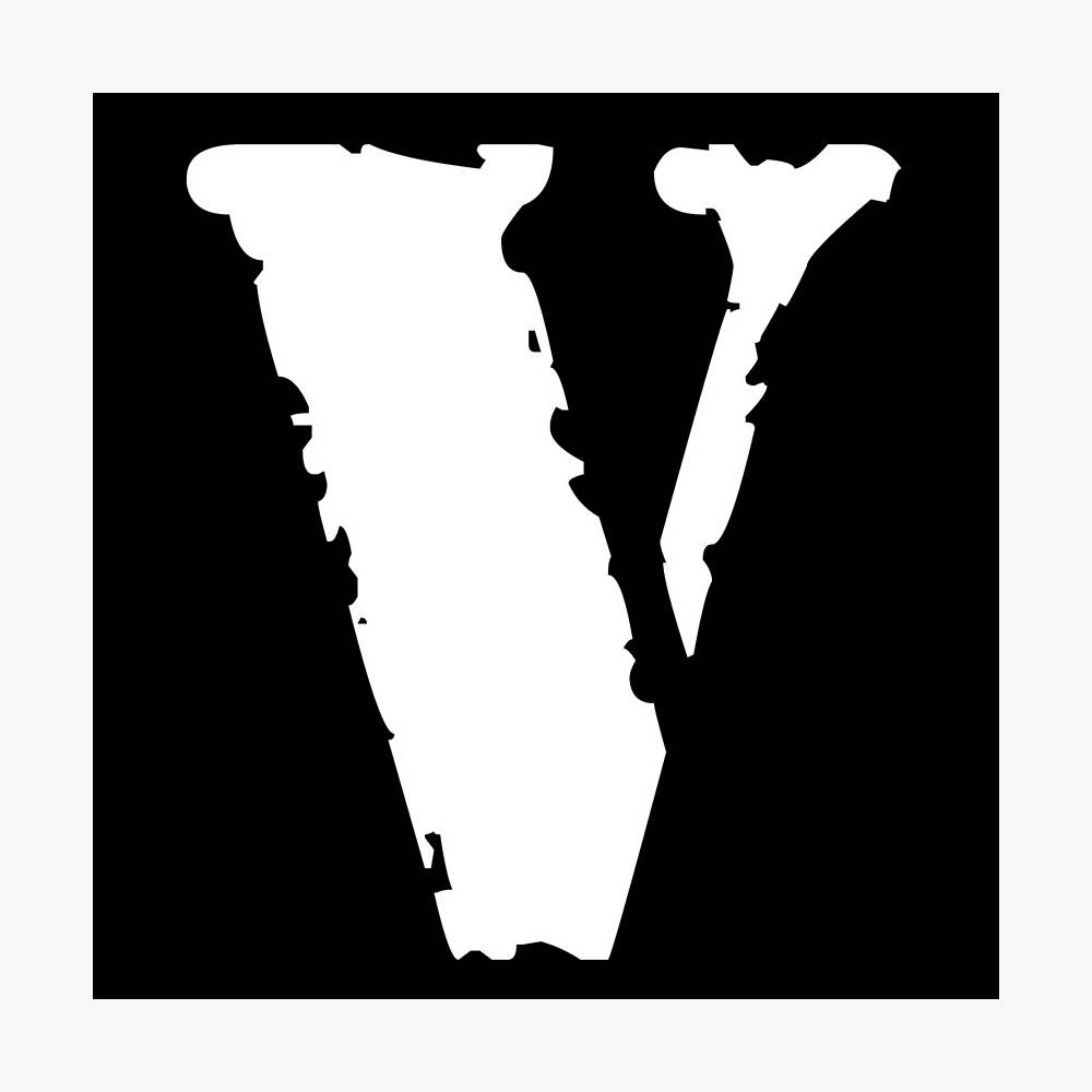 Vlone 桌布 壁紙 — 一個大膽的白色風格化字母V，帶有鋸齒狀邊緣，在純黑色背景上脫穎而出。