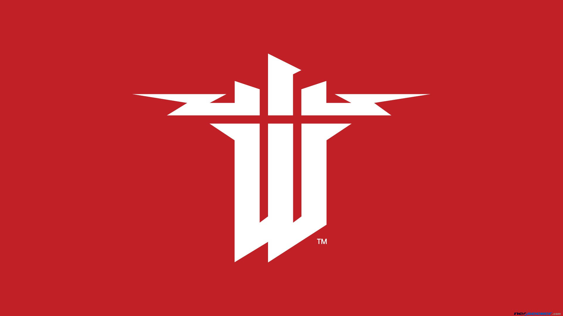 Wolfenstein 桌布 壁紙 — 一個大膽的白色風格化標誌，帶有棱角分明的翅膀，置於純紅色背景上。