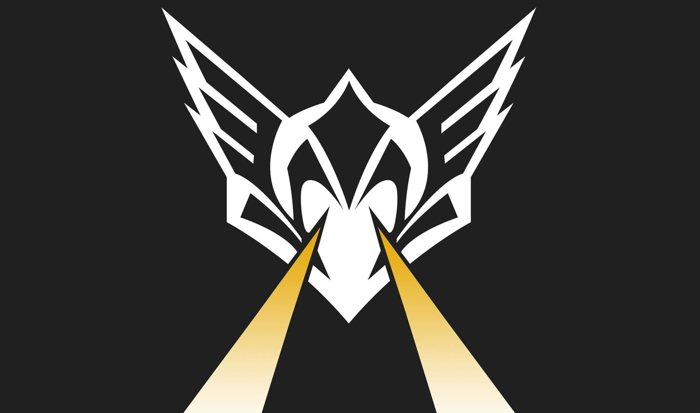2440x1440 Rainbow Six Siege 桌布 壁紙 — 一個大膽的白色風格化鷹頭，眼睛射出金色光束，背景為黑色。