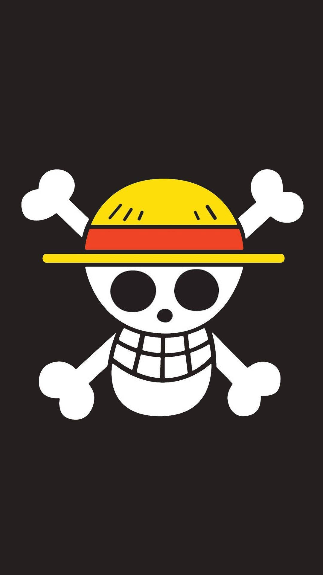 One Piece Phone 桌布 壁紙 — 一個大膽的白色骷髏頭，戴著黃色帽子，帶有紅色帶子和交叉骨頭，背景為黑色。