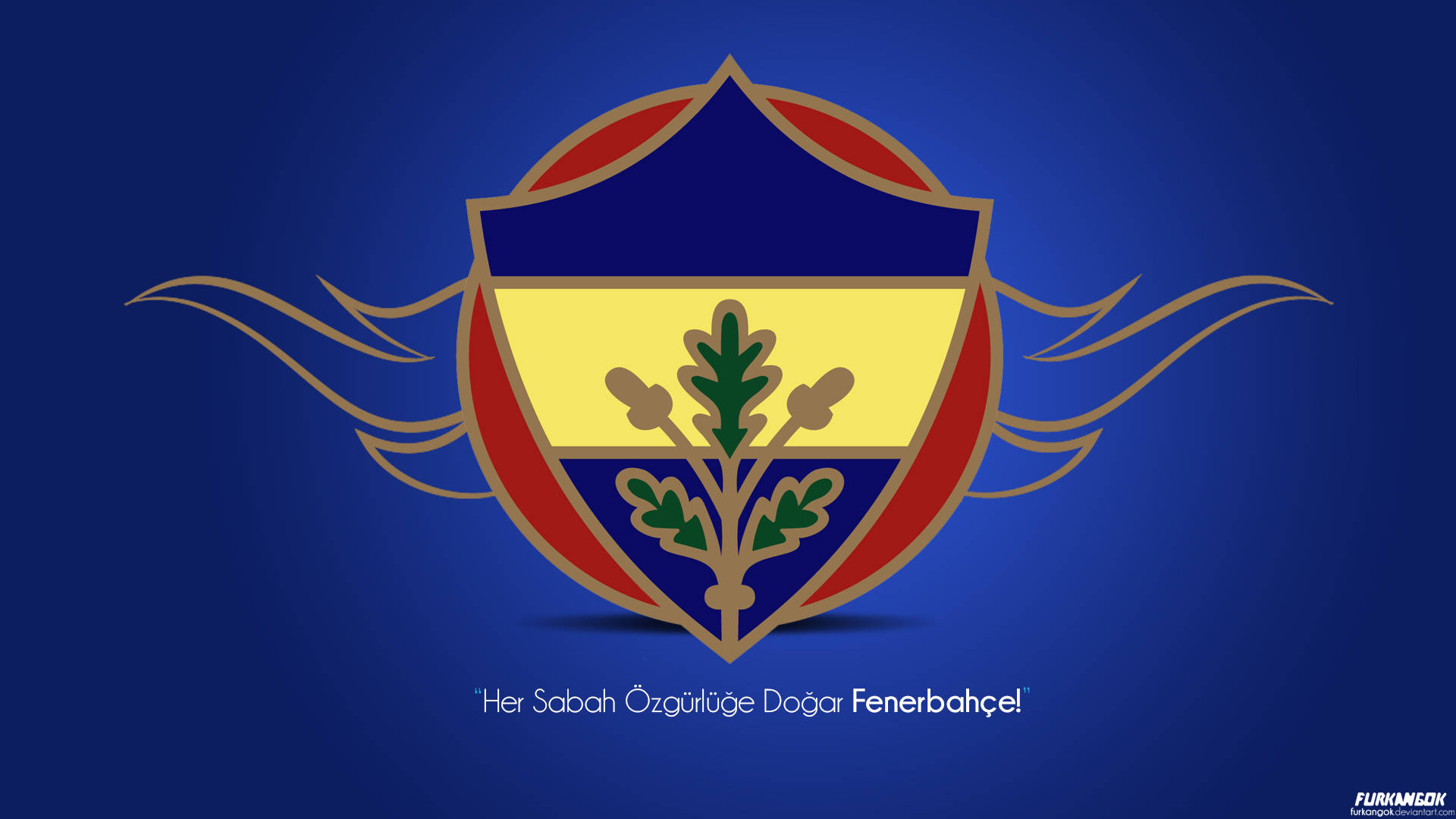 Fenerbahce 桌布 壁紙 — 一個大膽的盾牌徽章，飾有金色橡樹葉和紅色點綴，居中在深藍色漸變背景上。