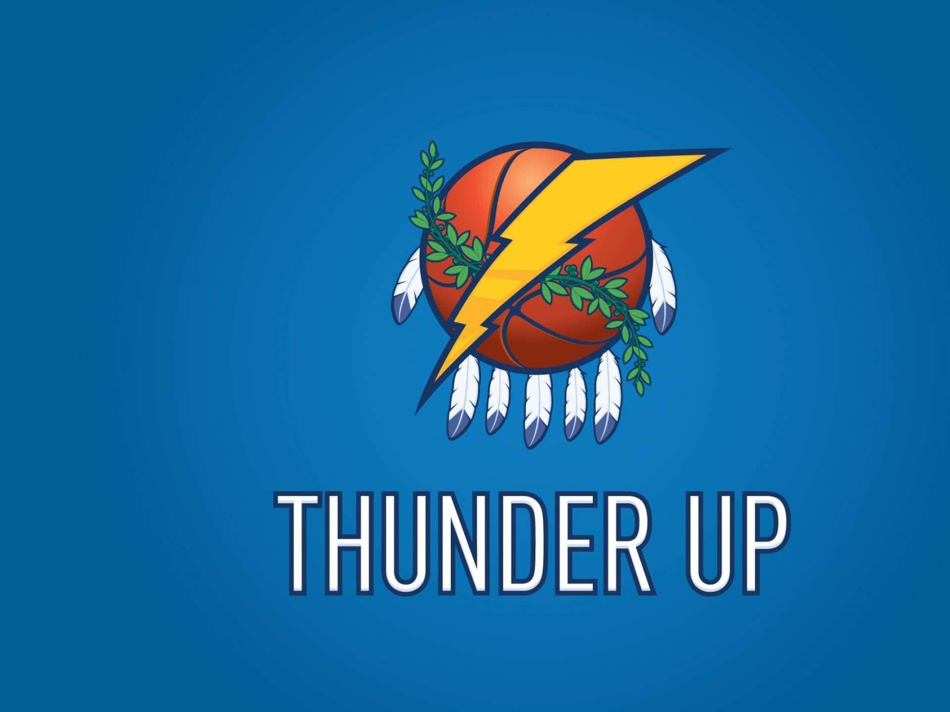 籃球標誌，帶有閃電和羽毛，藍色背景，thunder up 字樣 — NBA 壁紙