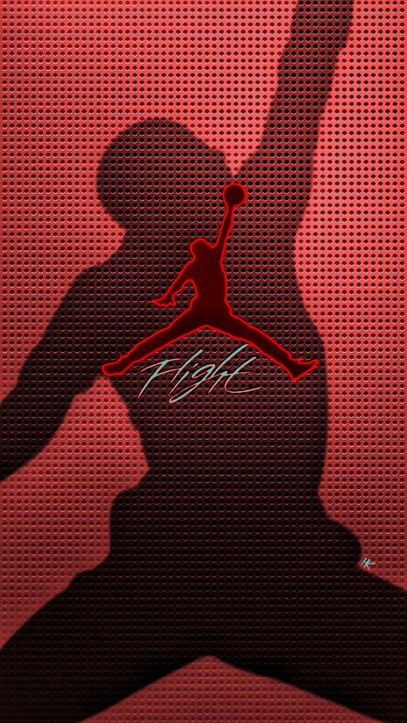 Jordan Logo Phone 桌布 壁紙 — 一個大膽的籃球運動員在空中剪影，帶有發光的紅色Jumpman標誌和'Flight'字樣，背景為紋理紅色。