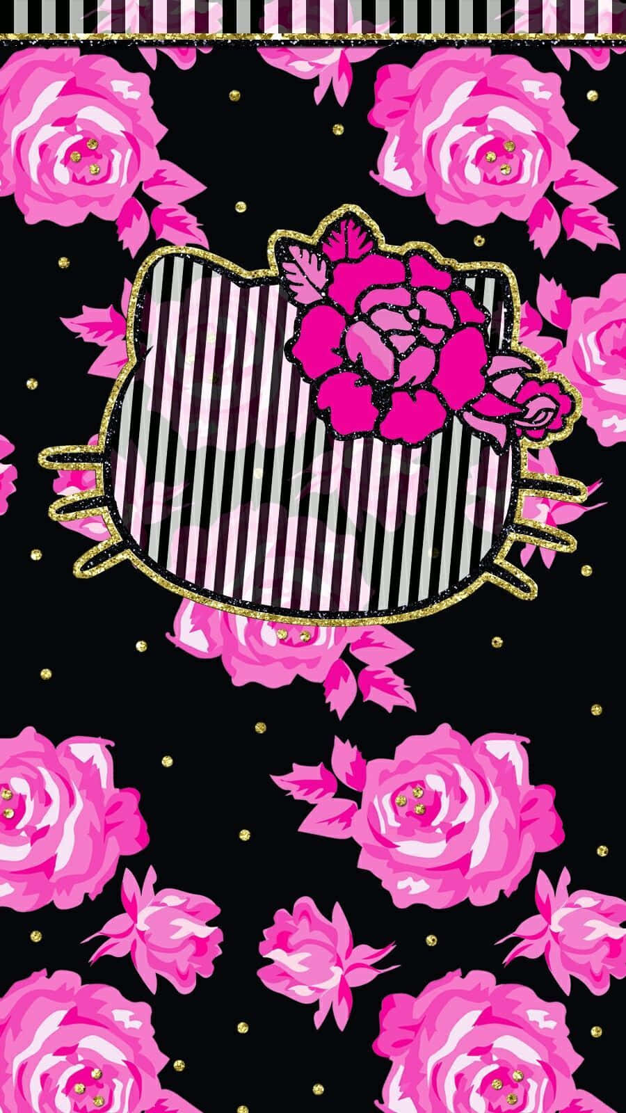 Hello Kitty 桌布 壁紙 — 一個大膽的粉紅玫瑰圖案圍繞著條紋Hello Kitty剪影，並在黑色背景上帶有閃閃發光的金色點綴。