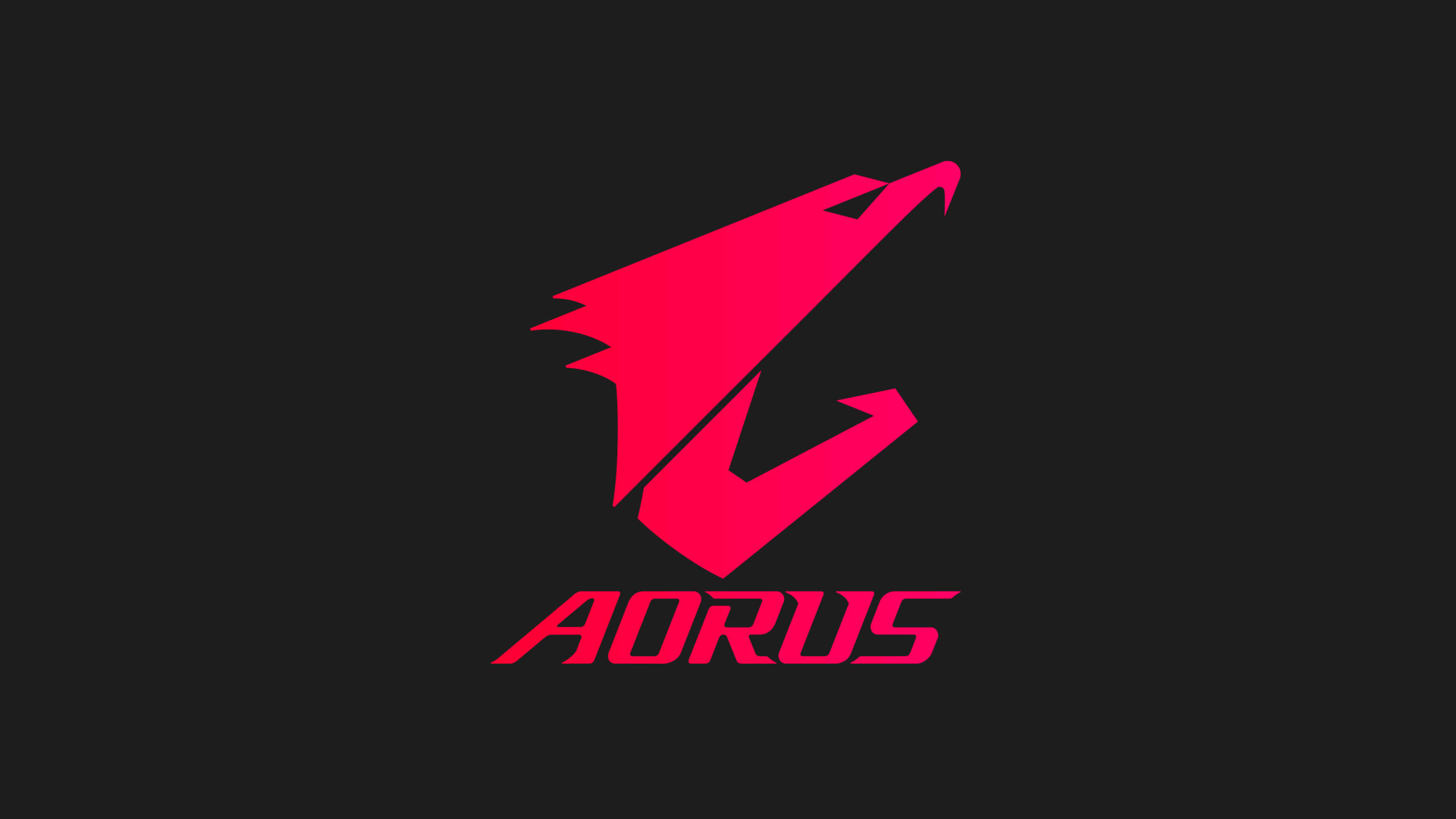 RGB 桌布 壁紙 — 一個大膽的粉紅色AORUS標誌，帶有風格化的狼頭設計，在純黑色背景上脫穎而出。