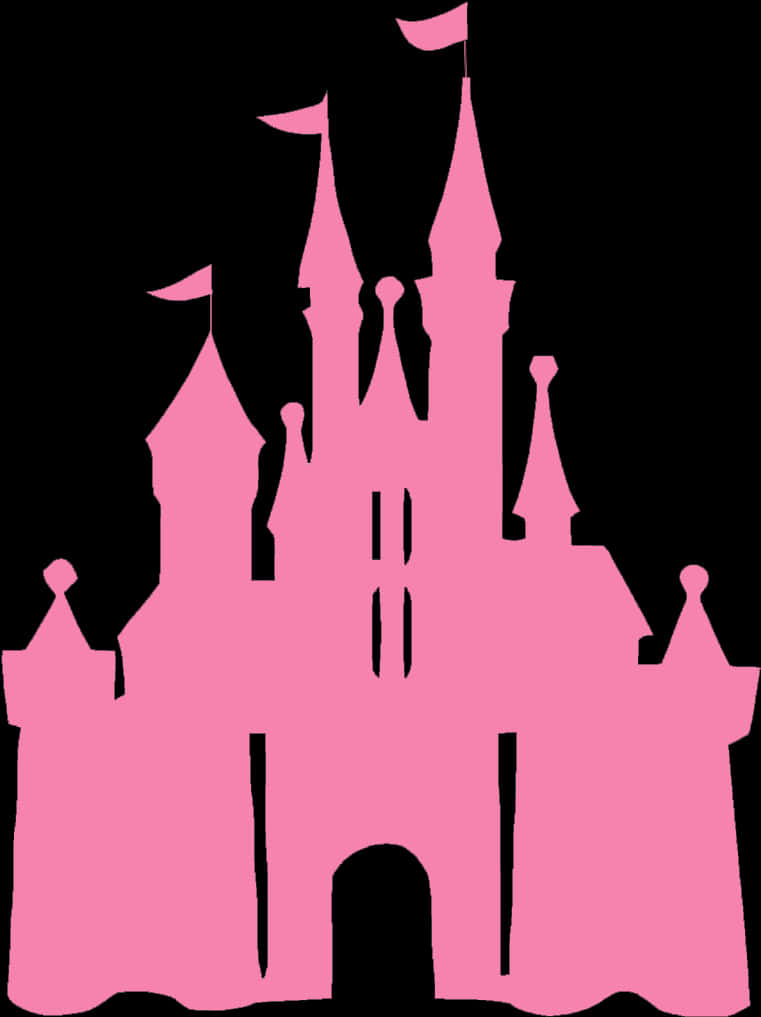 Disneyland Castle 桌布 壁紙 — 一個大膽的粉紅色剪影，描繪了一座帶有塔樓和旗幟的童話城堡，矗立在純黑色背景前。