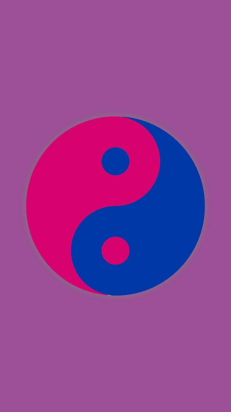 Bisexual Aesthetic 桌布 壁紙 — 一個大膽的粉紅色和藍色陰陽符號，居中在純紫色背景上。