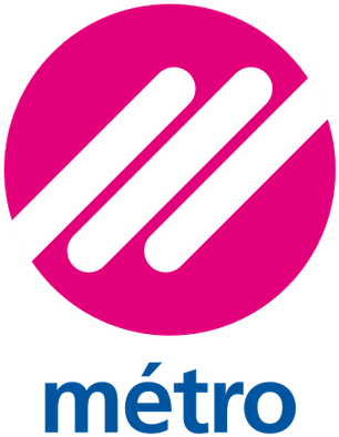 Circle Logo 桌布 壁紙 — 一個大膽的粉紅色圓形標誌，帶有三條白色對角線條，下方有藍色的 metro 字樣。
