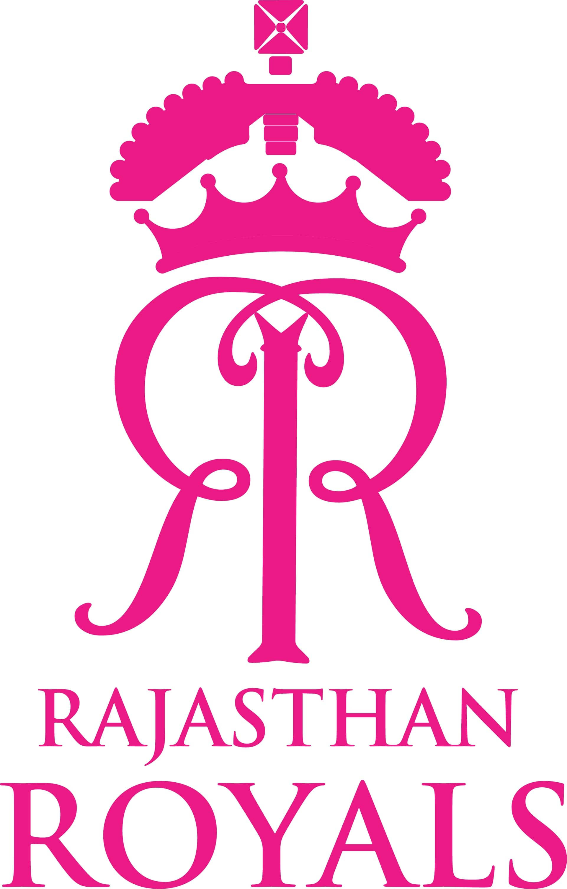 Rajasthan 桌布 壁紙 — 一個大膽的粉紅色標誌，上方有風格化的皇冠，下方有交織的R字和「RAJASTHAN ROYALS」文字。
