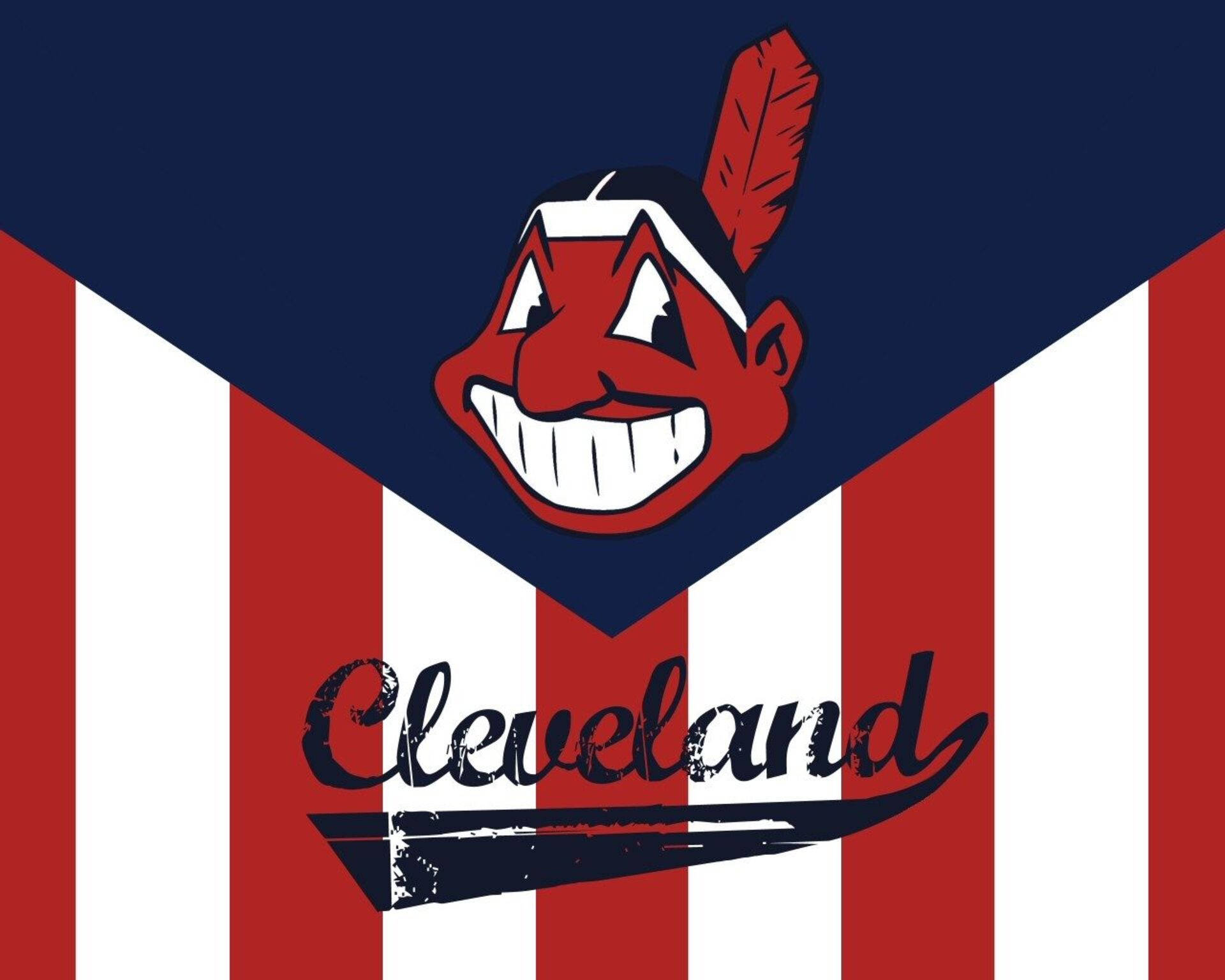 Cleveland Indians 桌布 壁紙 — 一個大膽的紅、白、藍條紋背景，有一個卡通風格的紅色臉孔，帶有羽毛，並以風格化字體寫著 Cleveland 這個詞。