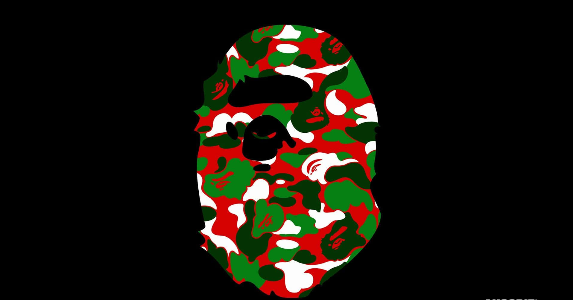 Bape 動態 桌布 壁紙 — 一個大膽的紅、綠、白迷彩圖案猿頭標誌，居中放在黑色背景上。
