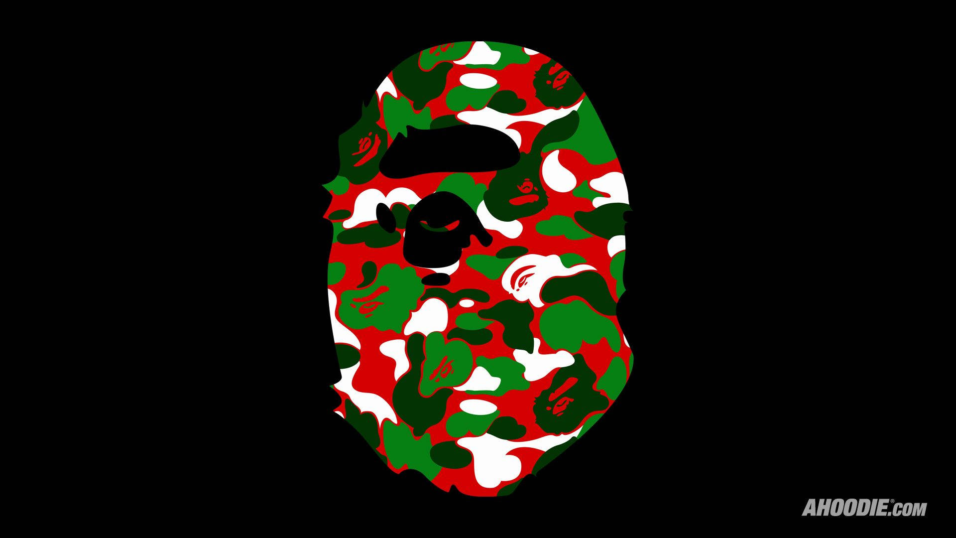 Bape 動態 桌布 壁紙 — 一個大膽的紅、綠、白迷彩圖案猿頭標誌，居中在黑色背景上。