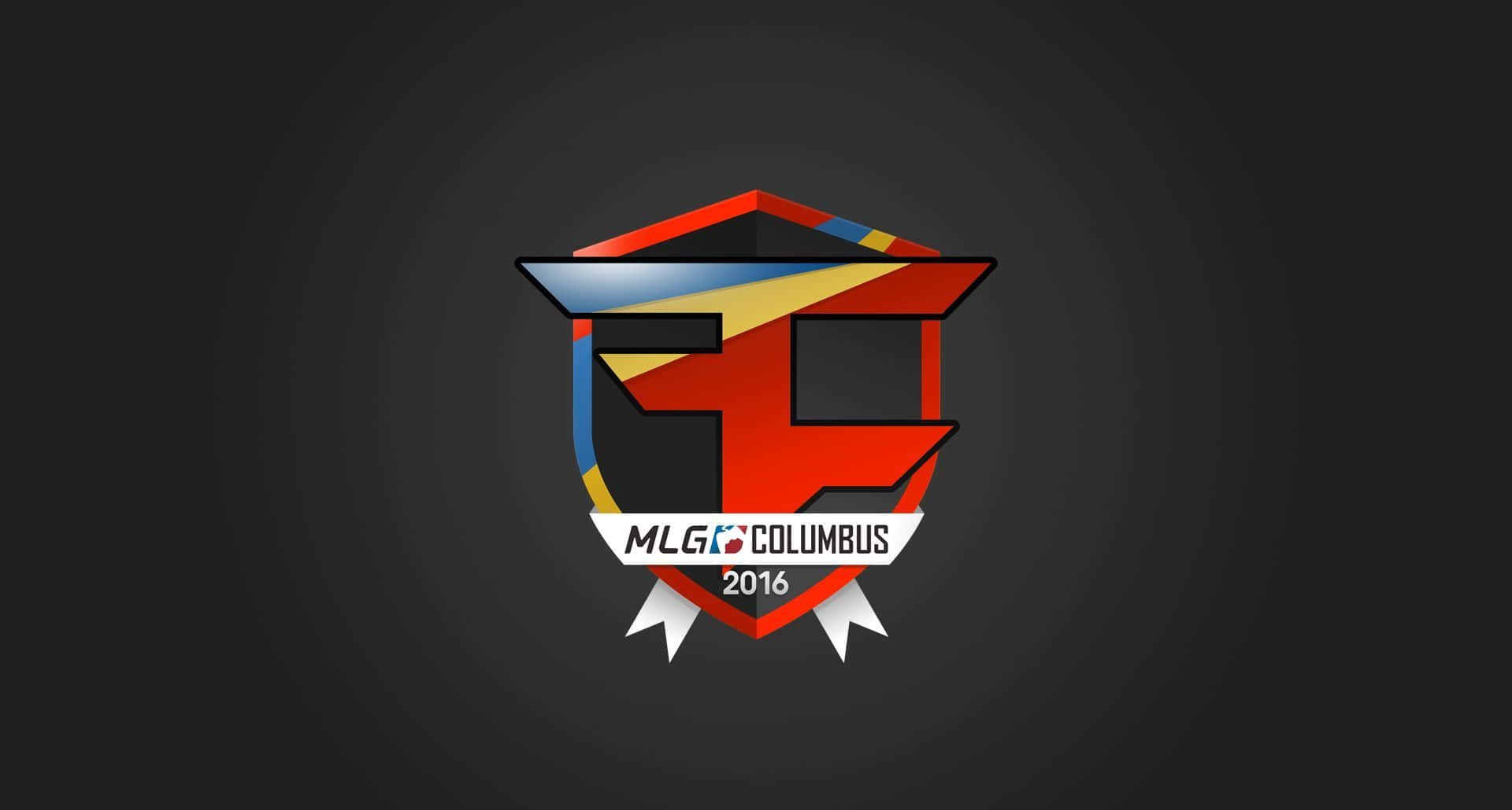 Mlg 桌布 壁紙 — 一個大膽的紅、藍、黃色 MLG Columbus 2016 標誌，置於深灰色漸變背景中央。