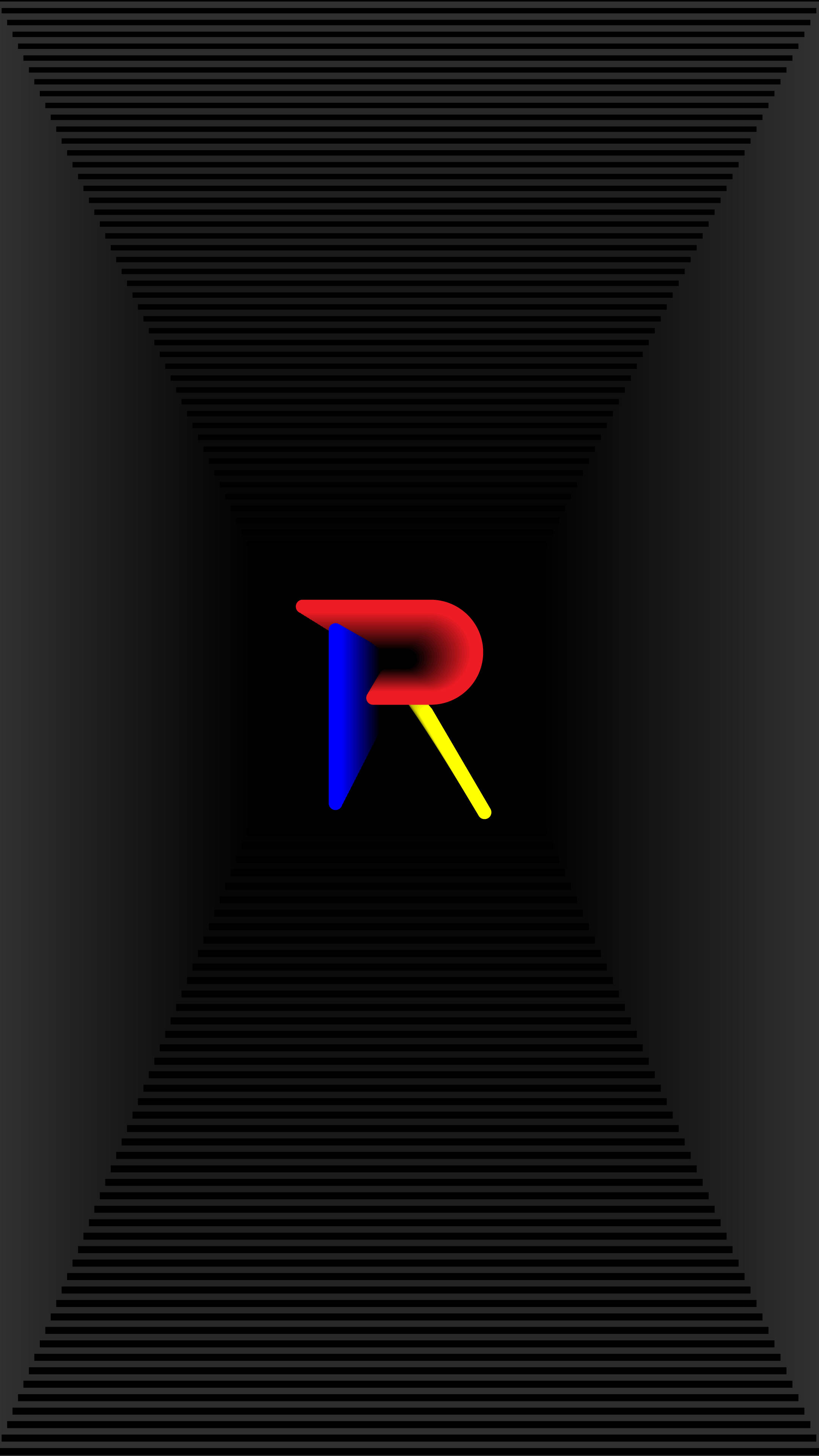 R 桌布 壁紙 — 一個大膽的紅、藍、黃色風格化字母R漂浮在由收斂水平線形成的黑色隧道中。
