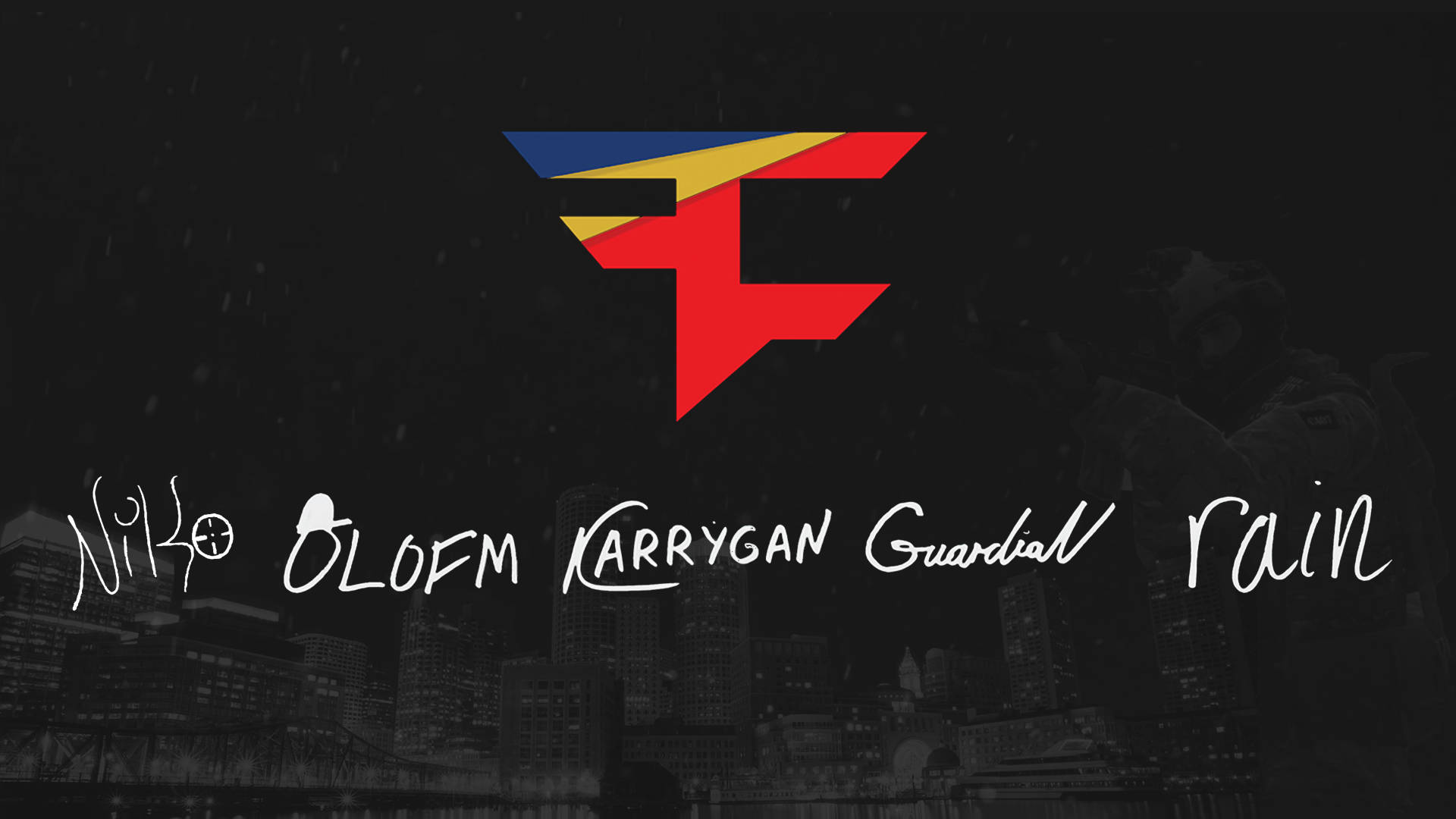 Csgo 桌布 壁紙 — 一個大膽的紅、黃、藍色風格化F標誌主導著黑暗多雨的城巿景觀，帶有模糊的剪影和手寫文字。