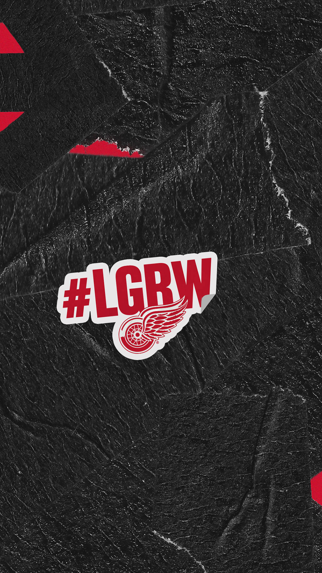 detroit 桌布 壁紙 — 一個大膽的紅白#LGRW標誌貼紙，從帶有紅色幾何裝飾的紋理黑色大理石背景上稍微剝落。