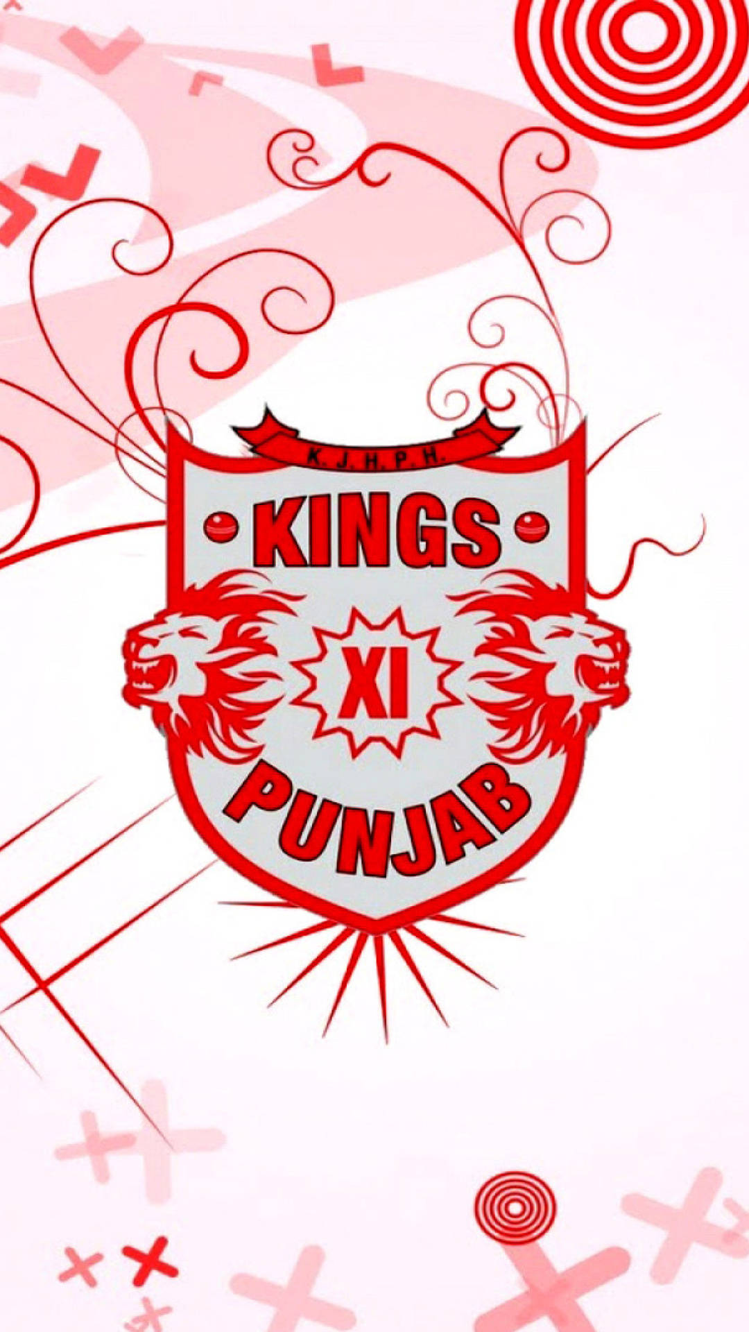 punjab kings 桌布 壁紙 — 一個大膽的紅白Kings XI Punjab運動標誌，帶有咆哮的獅頭和旋轉的裝飾元素，背景為淺粉紅色。