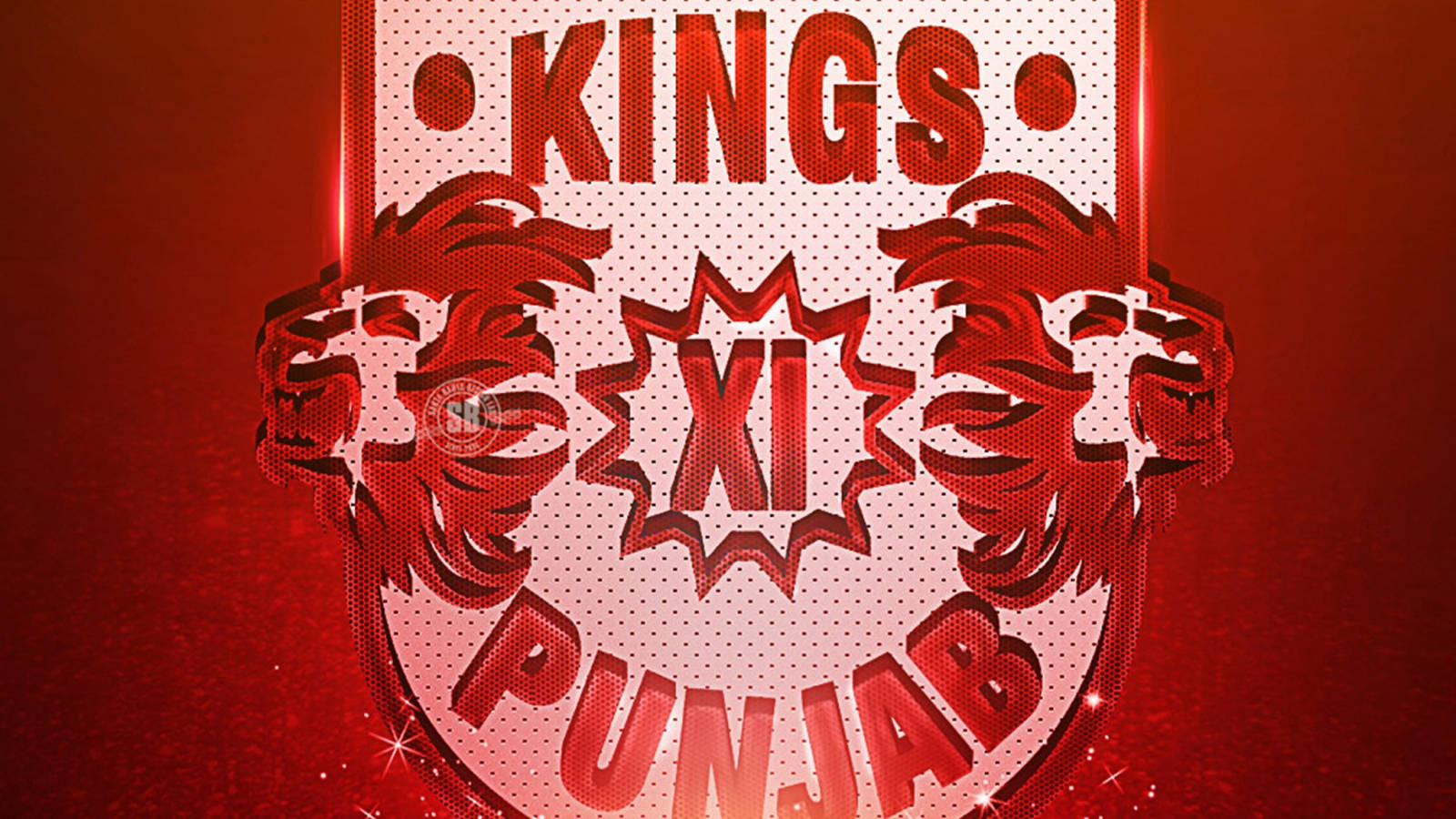 punjab kings 桌布 壁紙 — 一個大膽的紅白Kings XI Punjab運動標誌，帶有咆哮的獅子頭和閃爍效果，背景有紋理。