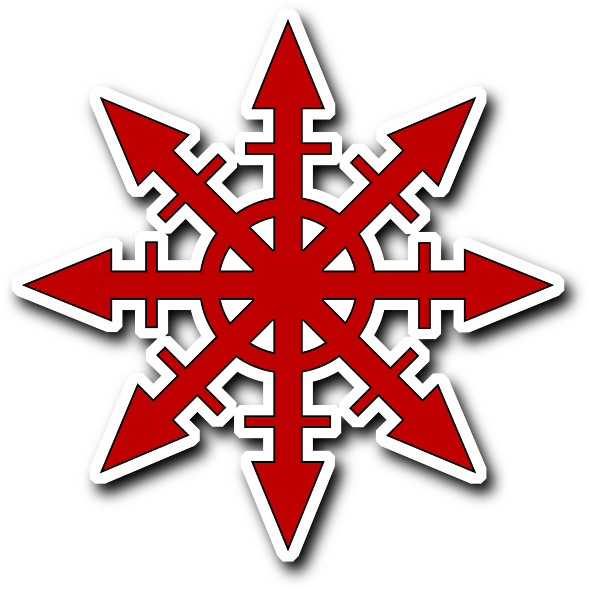 Arrows 桌布 壁紙 — 一個大膽的紅白八芒星，帶有箭頭尖端和幾何圖案，背景為黑色。