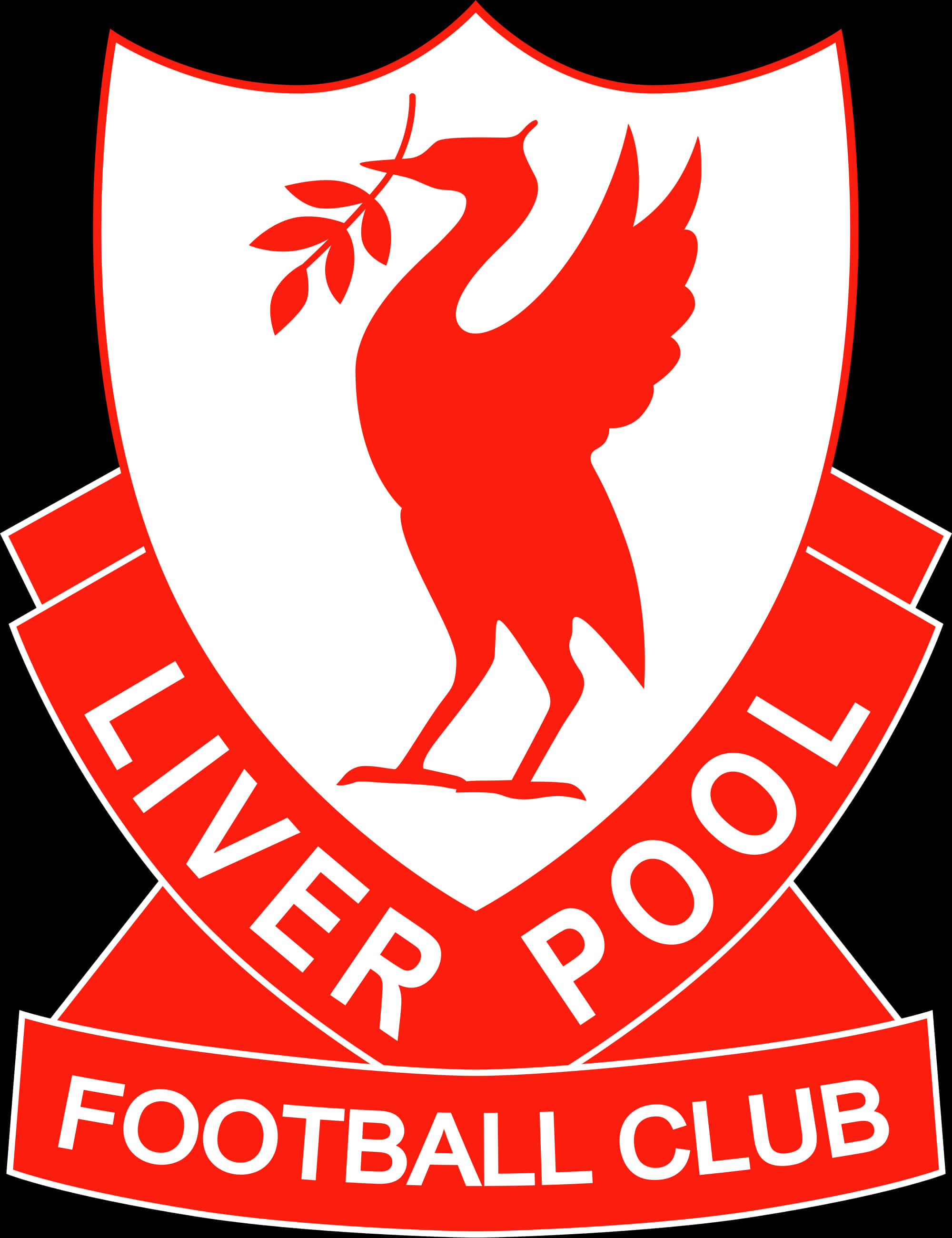 Liverpool Logo 桌布 壁紙 — 一個大膽的紅白利物浦足球俱樂部徽章，上面有一隻風格化的鳥在盾牌上叼著一片葉子。