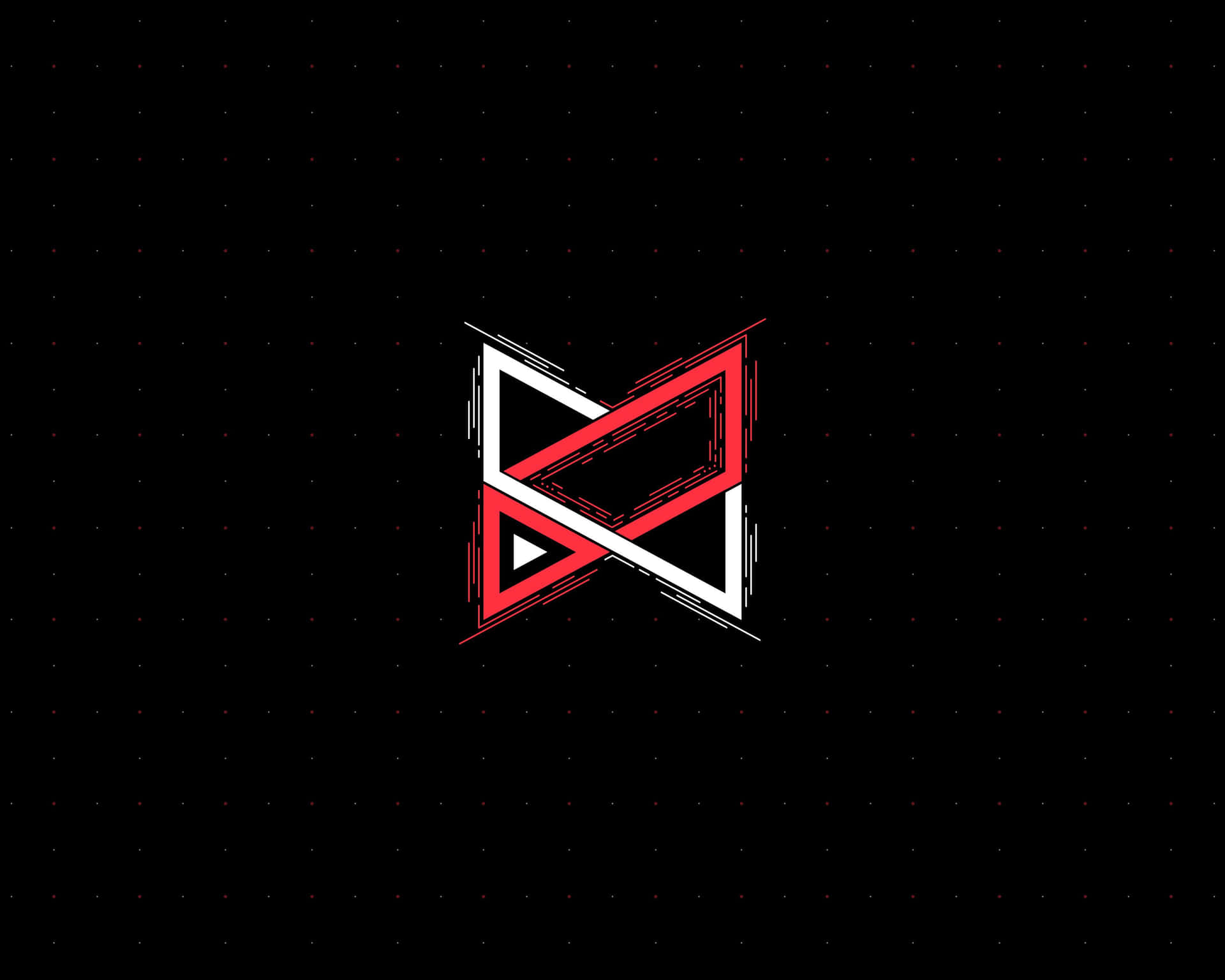 一個紅白故障風格幾何標誌，位於帶有紅點的黑色背景上。 — Valorant Logo 壁紙