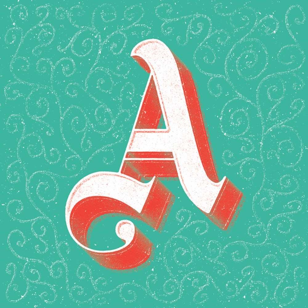 Letter A 桌布 壁紙 — 一個大膽的紅白風格化字母A，帶有復古質感，在帶有精緻漩渦圖案的青綠色背景上脫穎而出。