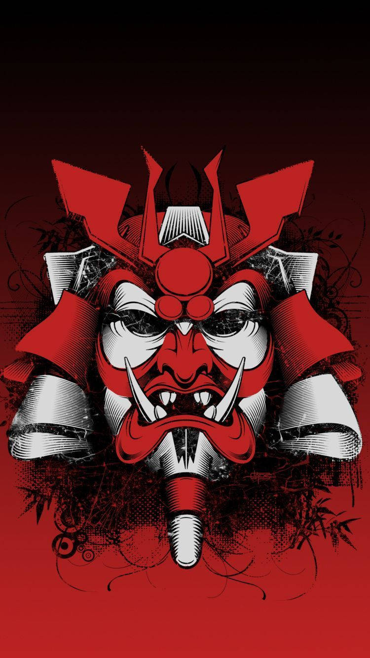 日本武士 桌布 壁紙 — 一個大膽的紅白鬼面具，帶有鋒利的角和獠牙，主導著帶有黑色墨跡的深色漸變背景。