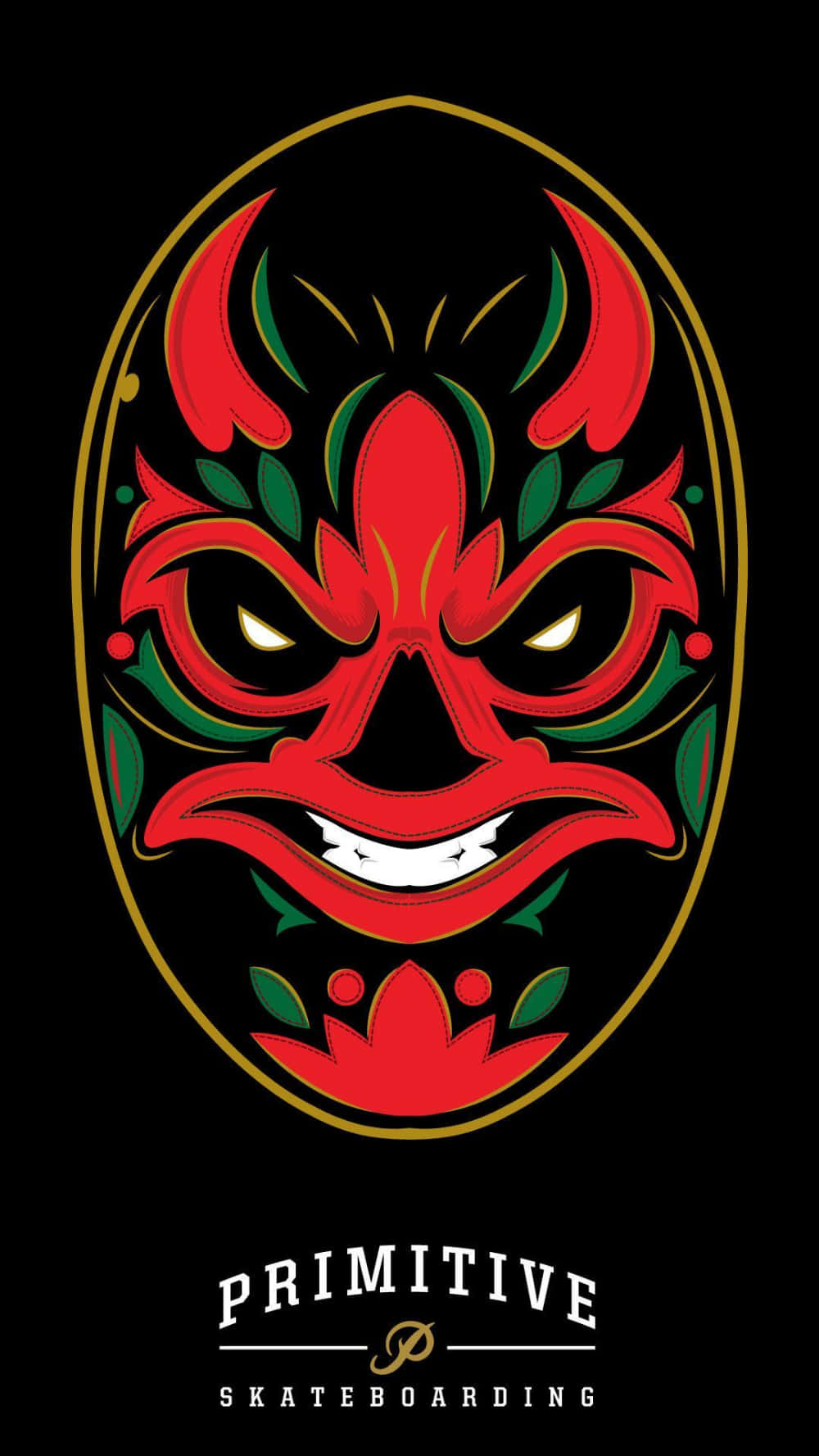 Primitive 桌布 壁紙 — 一個大膽的紅綠風格化惡魔面具，帶有發光的眼睛，金色框架，黑色背景。