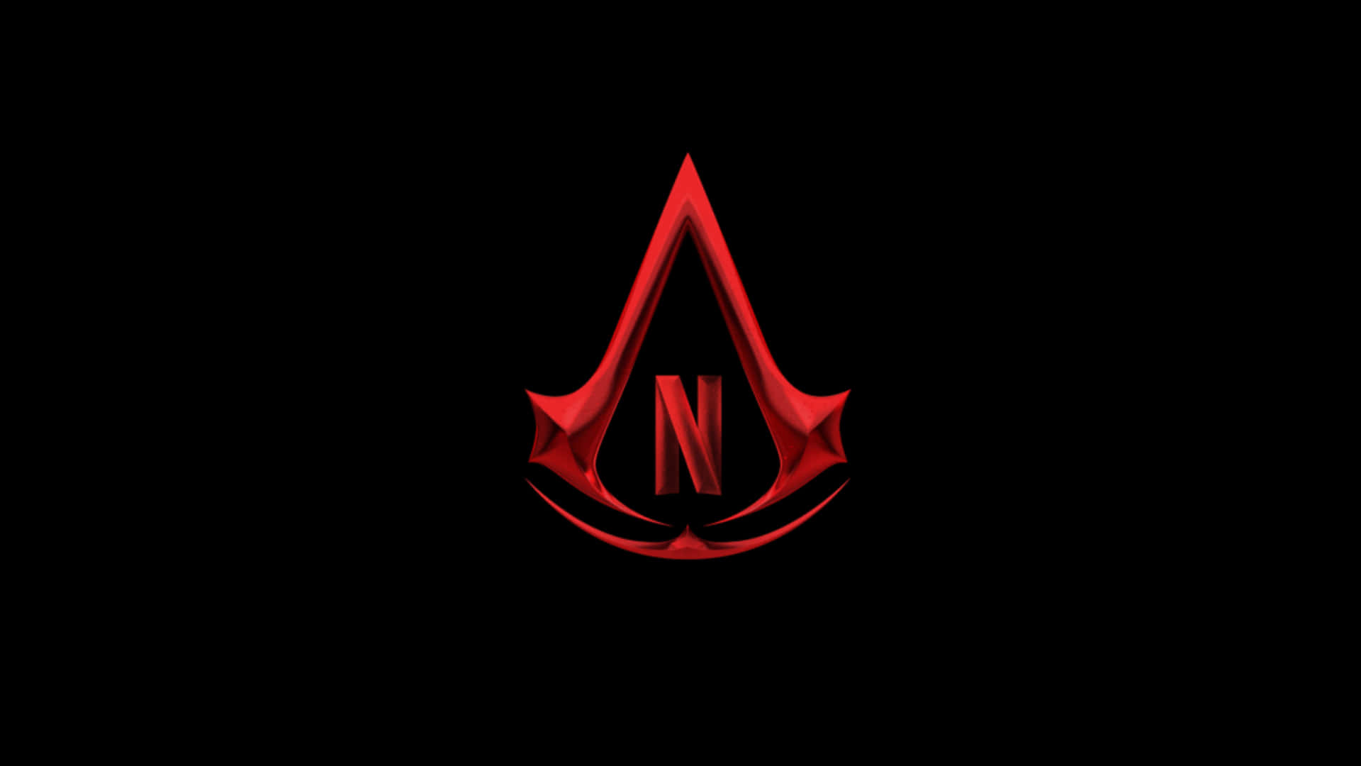 Netflix 桌布 壁紙 — 一個大膽的紅色 Assassin's Creed 標誌，中央有一個「N」，在純黑背景上發光。