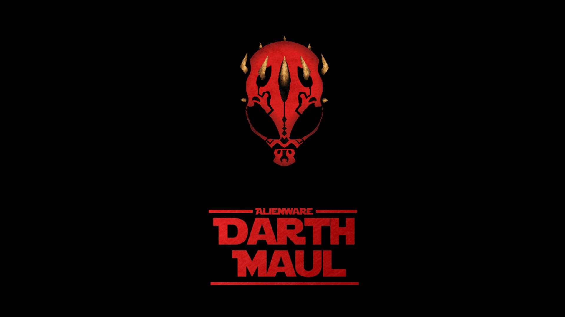 Maul 桌布 壁紙 — 一個大膽的紅色 Darth Maul 標誌，帶有角和面部標記，在 stark 黑色背景上發光，下方有 'ALIENWARE DARTH MAUL' 文字。