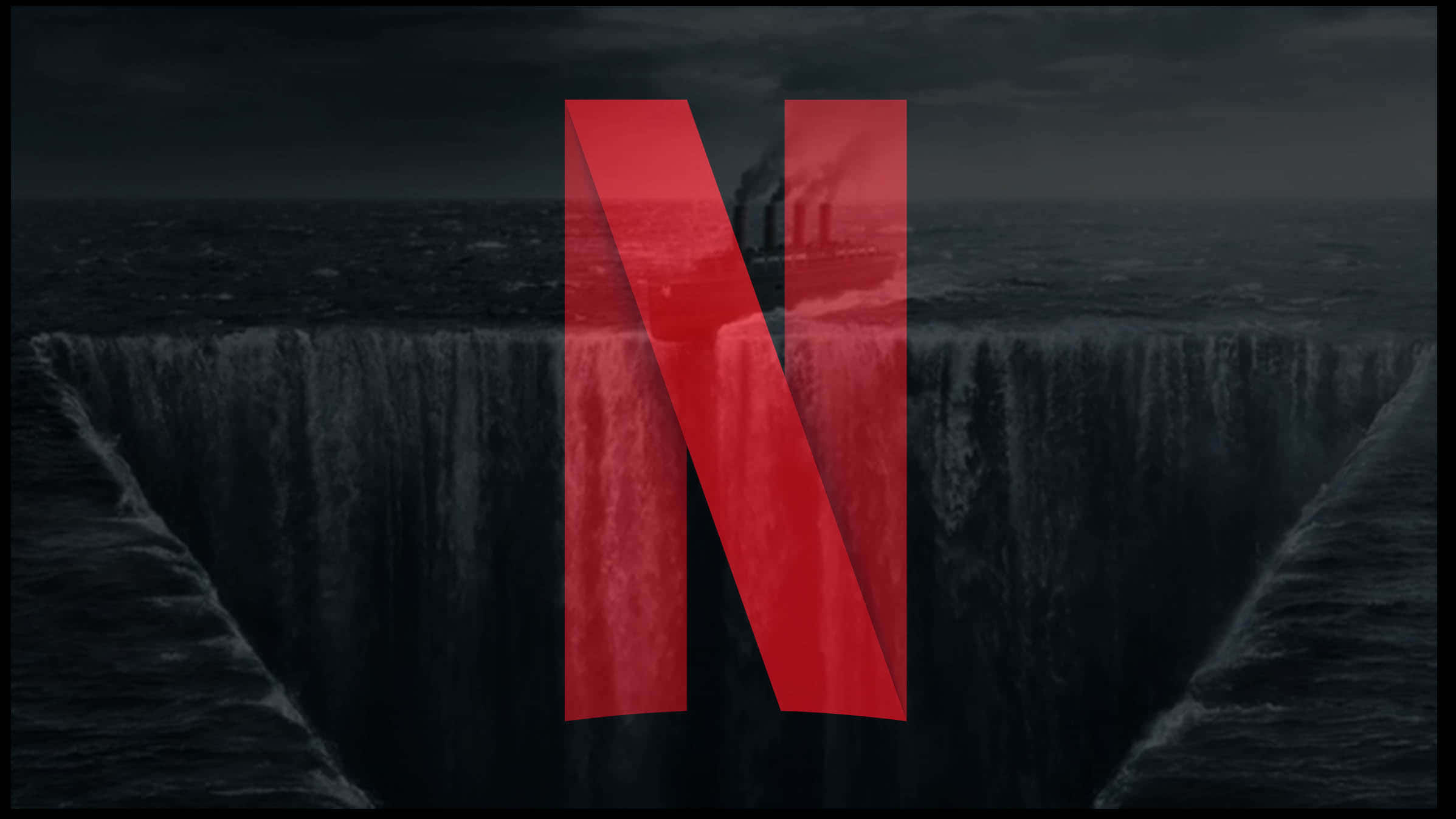 Netflix 桌布 壁紙 — 一個大膽的紅色 Netflix 標誌突出地矗立在黑暗翻騰的瀑布之上，背景是暴風雨的天空。
