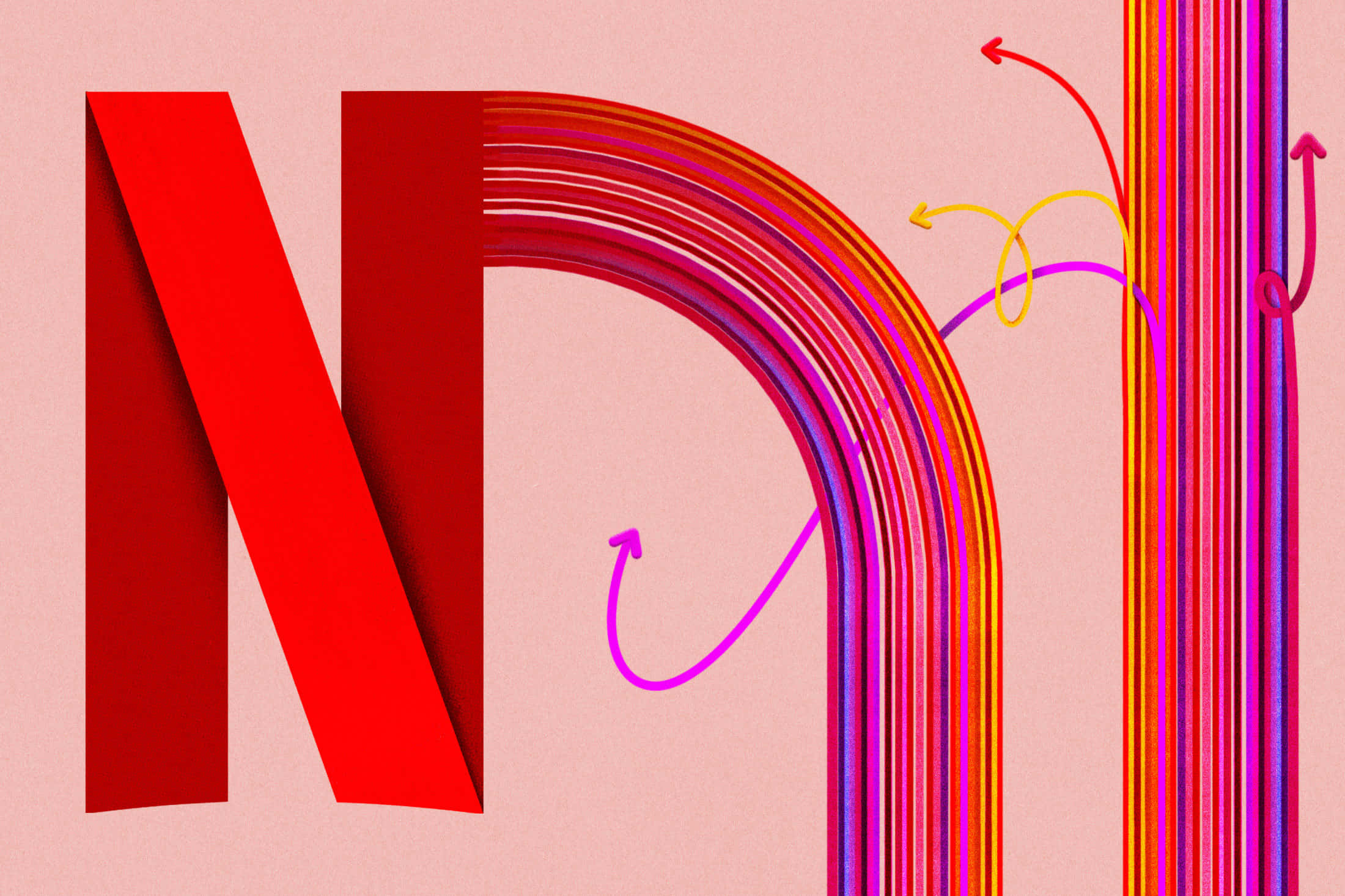 Netflix 桌布 壁紙 — 一個大膽的紅色 Netflix 標誌，右側有色彩繽紛的彎曲箭頭和條紋，在柔和的粉紅色背景上流動。