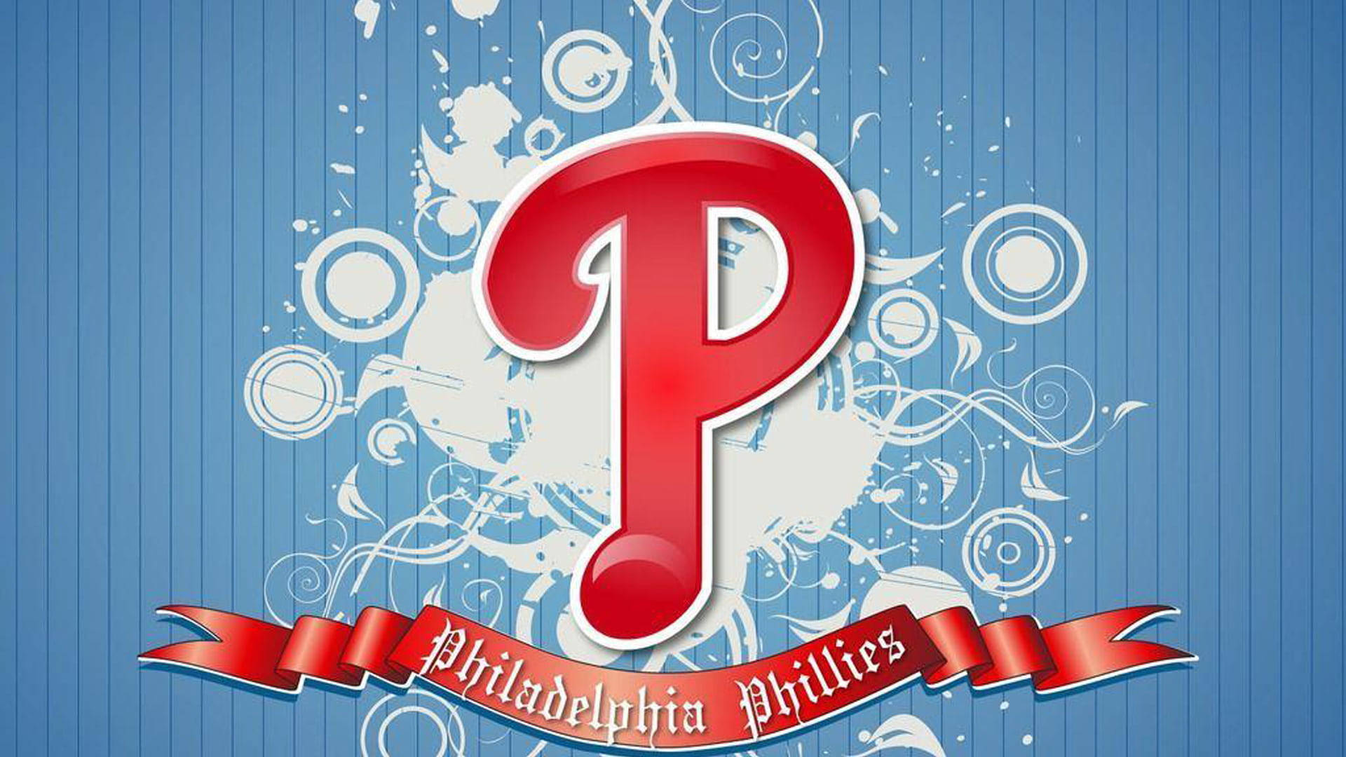 字母P 桌布 壁紙 — 一個大膽的紅色 'P' 標誌，帶有寫著 'Philadelphia Phillies' 的絲帶，背景是藍色條紋和白色漩渦。