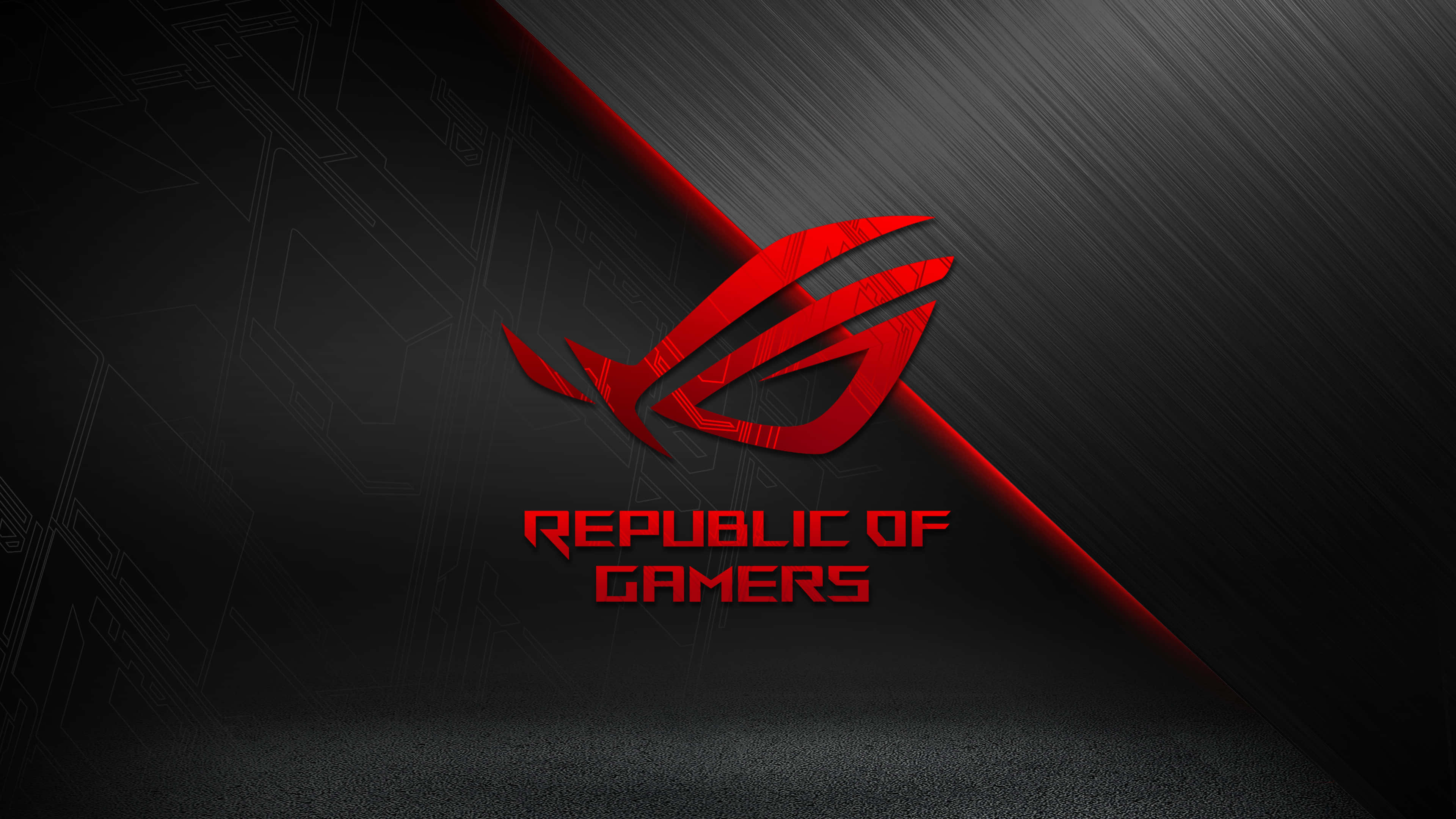 玩家共和國 桌布 壁紙 — 一個大膽的紅色 Republic of Gamers 標誌在帶有對角光線條的時尚黑色紋理背景上發光。