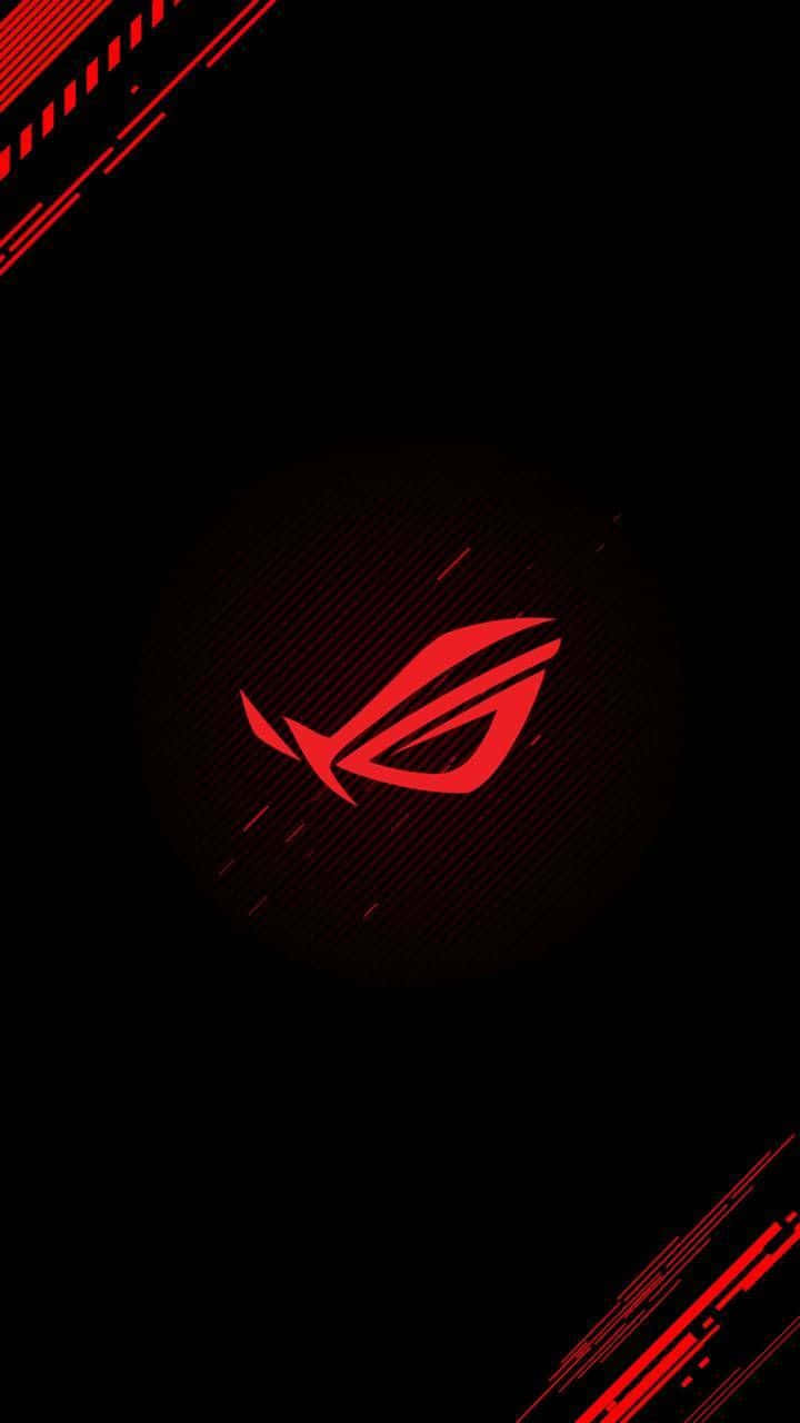 Android Gaming 桌布 壁紙 — 一個大膽的紅色 ROG 標誌在黑色背景上發光，帶有對角紅色條紋和微妙的動態模糊效果。