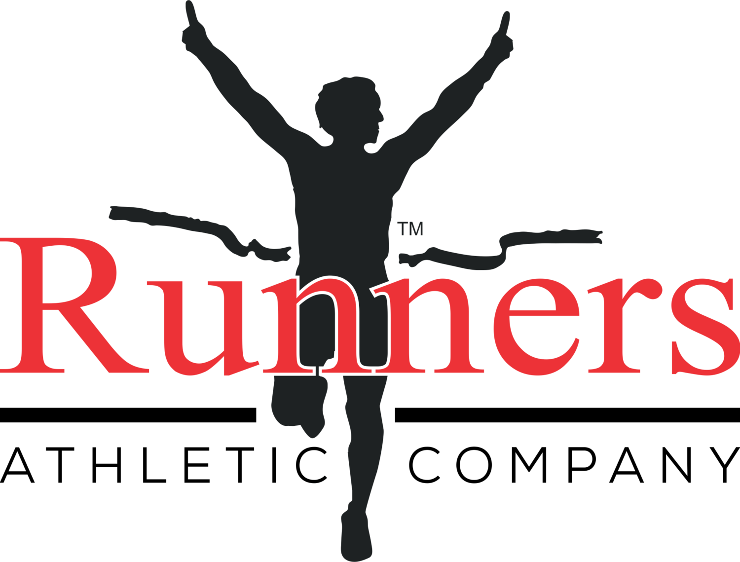 跑步者 桌布 壁紙 — 一個大膽的紅色「Runners」標誌覆蓋在一個舉起雙臂的勝利跑者的黑色剪影上。