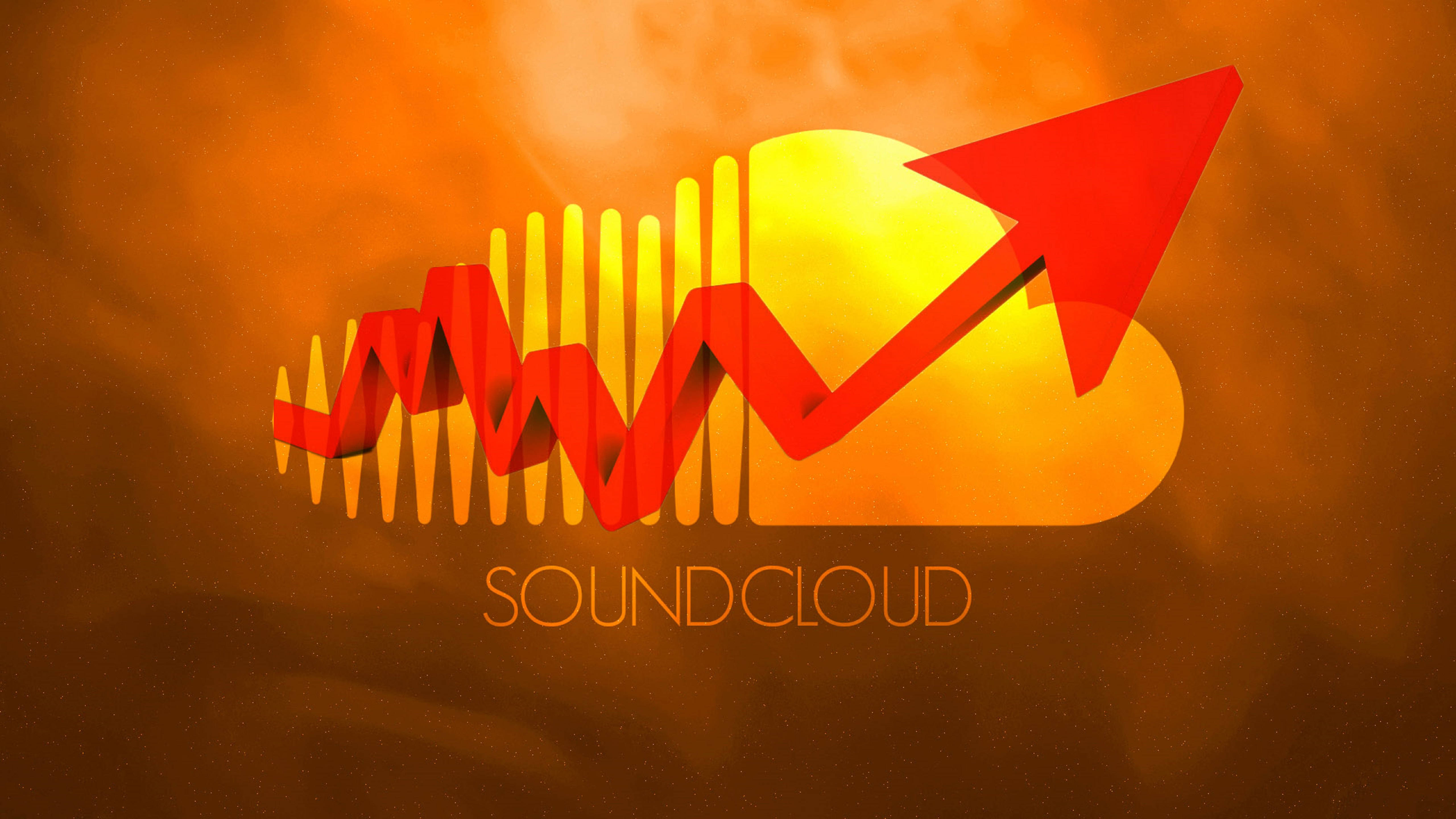 Soundcloud 桌布 壁紙 — 一個大膽的紅色 SoundCloud 標誌，帶有上升箭頭和波形，在溫暖的橙色漸變背景上發光。