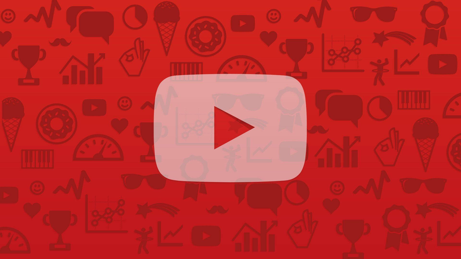 YouTube 桌布 壁紙 — 一個大膽的紅色 YouTube 播放按鈕，居中於重複的社交媒體和成就圖標圖案上。