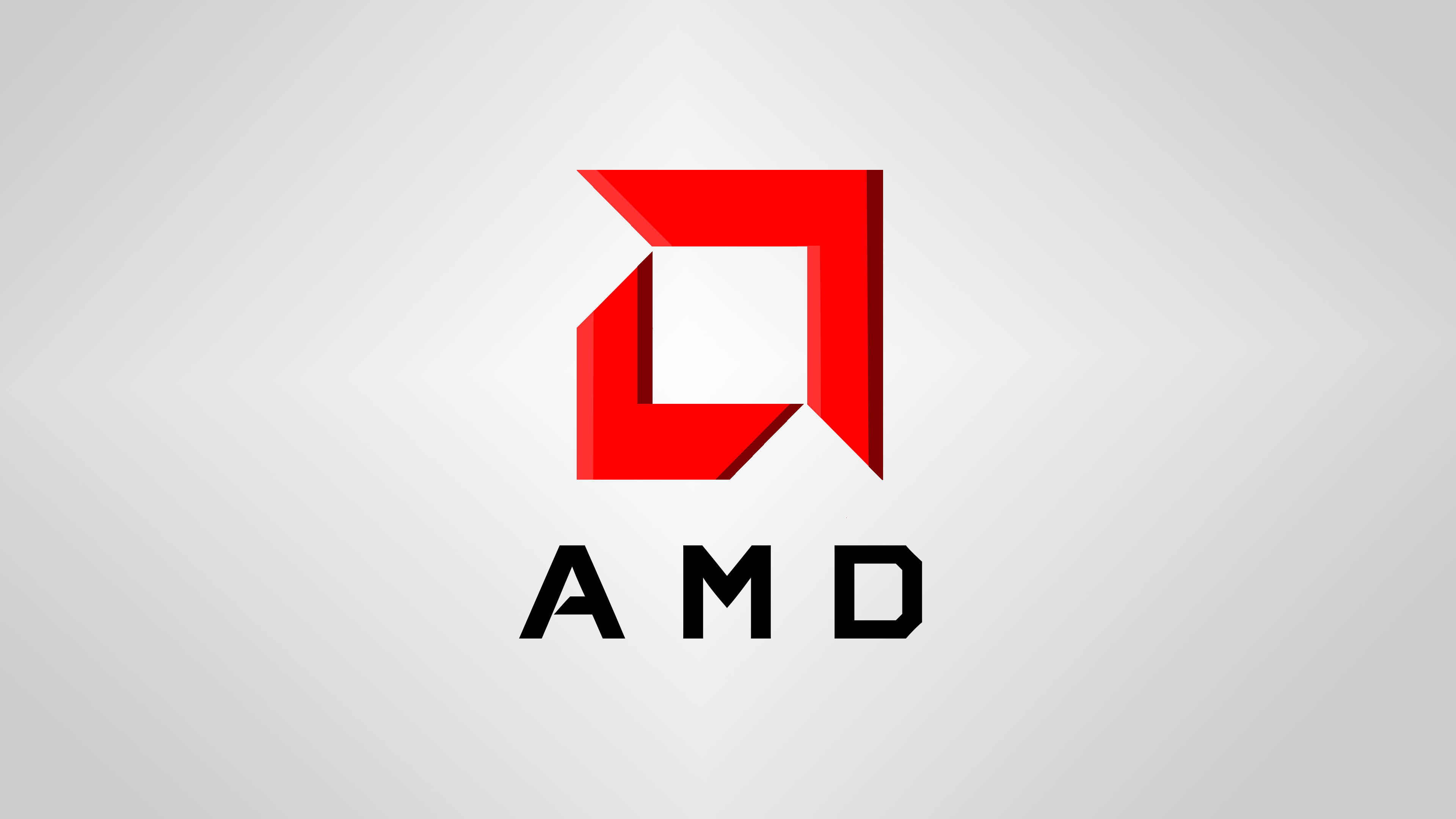 AMD 桌布 壁紙 — 一個大膽的紅色3D AMD標誌，帶有黑色文字，背景為淺灰色漸變。