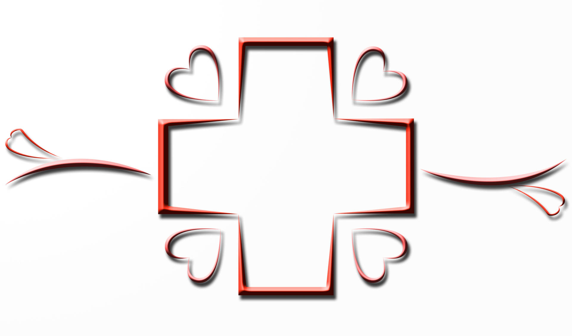 Logo 桌布 壁紙 — 一個大膽的紅色3D十字架，每個角落有心形圖案，側面有彎曲裝飾，背景為白色。