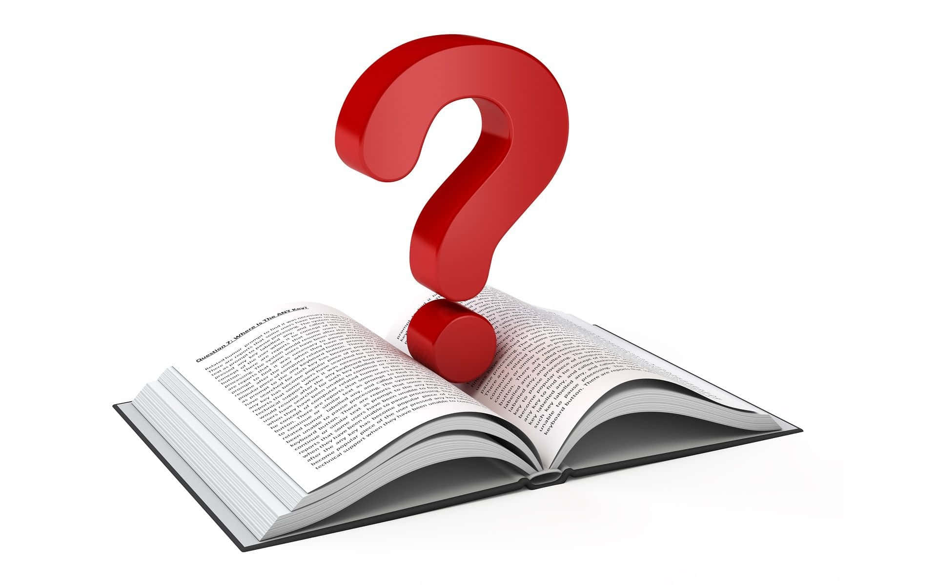 Question 桌布 壁紙 — 一個大膽的紅色3D問號放在一本打開的書上，背景是純白色。