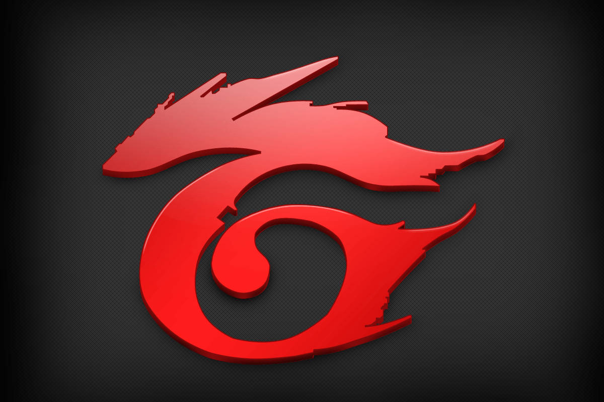 Garena 桌布 壁紙 — 一個大膽的紅色3D渲染龍標誌，具有銳利邊緣和金屬光澤，背景為深色紋理。