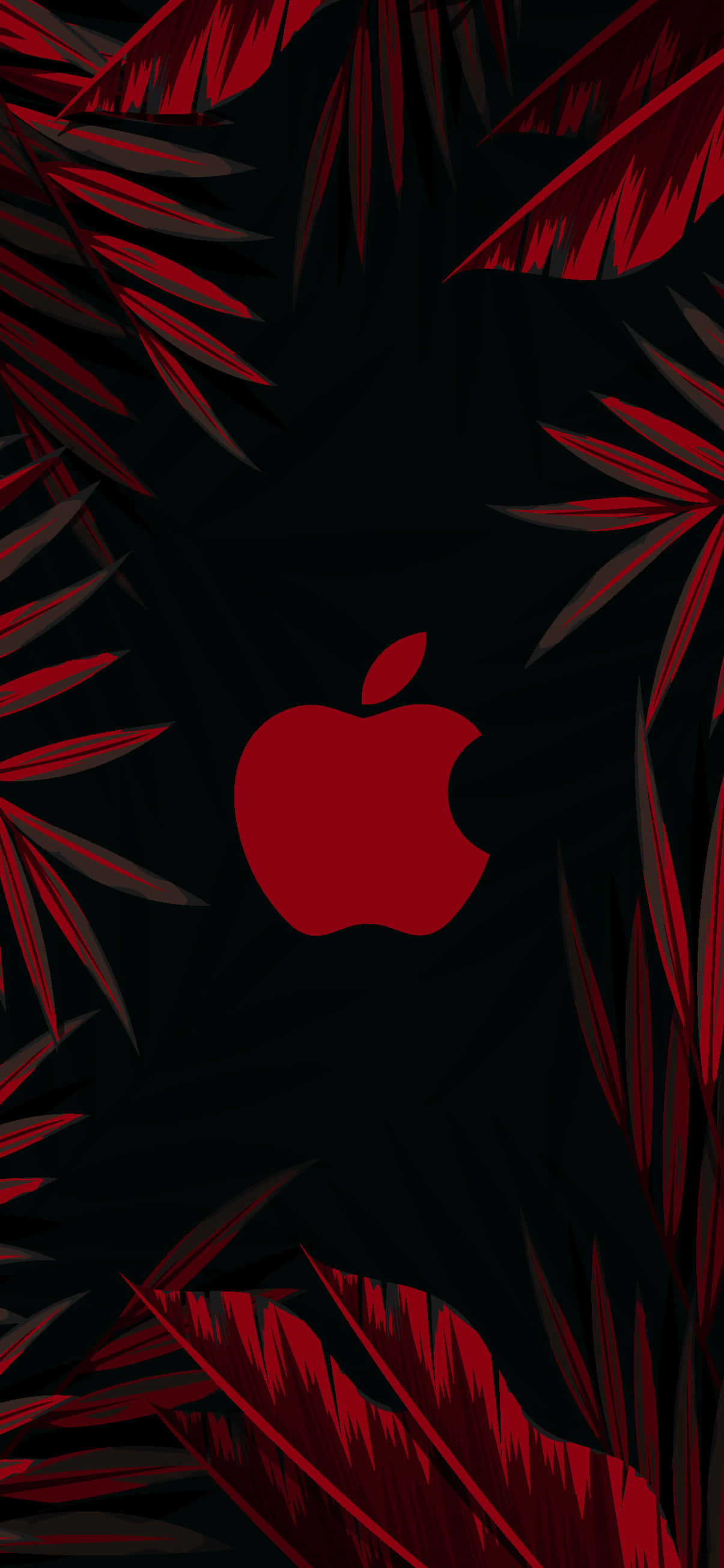 Red And Black iPhone 桌布 壁紙 — 一個大膽的紅色Apple標誌居中在深色背景上，周圍環繞著風格化的紅色熱帶葉子。