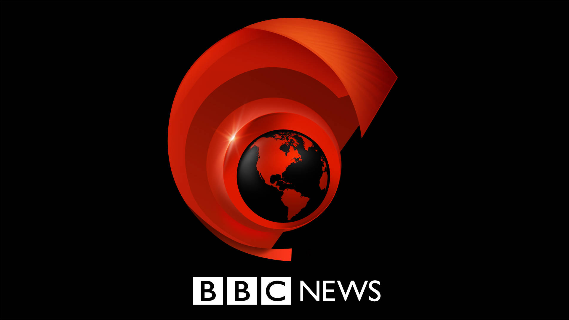 標誌 桌布 壁紙 — 一個大膽的紅色BBC News標誌，中央有一個地球儀，在黑色背景上發光。